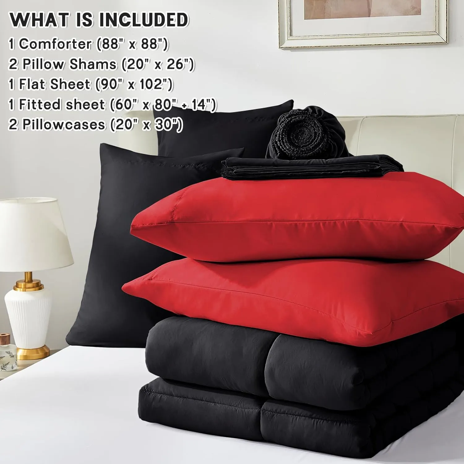 Anluoer Queen Comforter Set 7 Piece, Reversible Bed in a Bag Queen Size, Lightweight Bedding Set with 1 Comforter, 2 Pillow Shams, 2 Pillowcases, 1 Flat Sheet, 1 Fitted Sheet, Red & Black