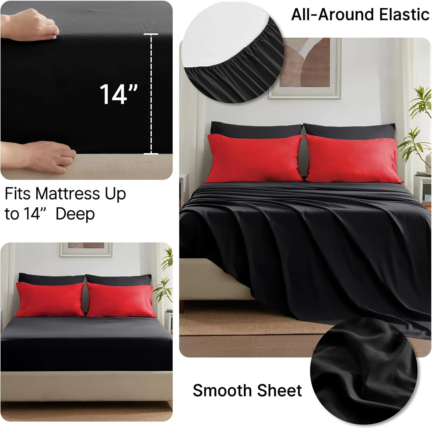 Anluoer Queen Comforter Set 7 Piece, Reversible Bed in a Bag Queen Size, Lightweight Bedding Set with 1 Comforter, 2 Pillow Shams, 2 Pillowcases, 1 Flat Sheet, 1 Fitted Sheet, Red & Black