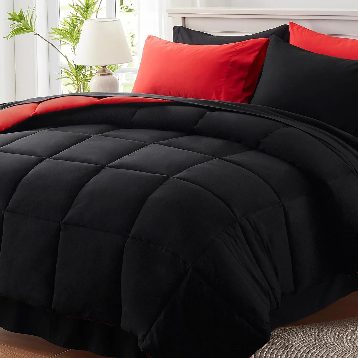 Anluoer Queen Comforter Set 7 Piece, Reversible Bed in a Bag Queen Size, Lightweight Bedding Set with 1 Comforter, 2 Pillow Shams, 2 Pillowcases, 1 Flat Sheet, 1 Fitted Sheet, Red & Black
