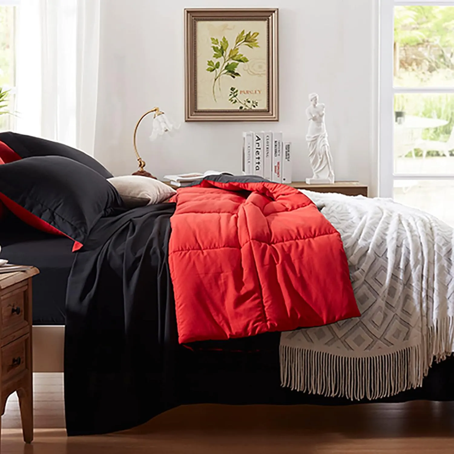 Anluoer Queen Comforter Set 7 Piece, Reversible Bed in a Bag Queen Size, Lightweight Bedding Set with 1 Comforter, 2 Pillow Shams, 2 Pillowcases, 1 Flat Sheet, 1 Fitted Sheet, Red & Black