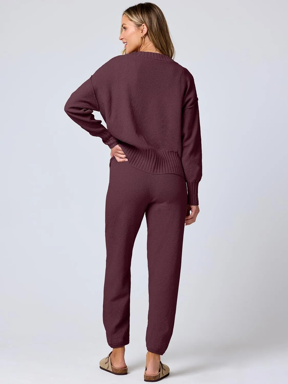 ANRABESS Women 2 Piece Outfits Waffle Knit Long Sleeve Cardigan Set Casual Sweater Pants Lounge Sets 2024 Fall Clothes