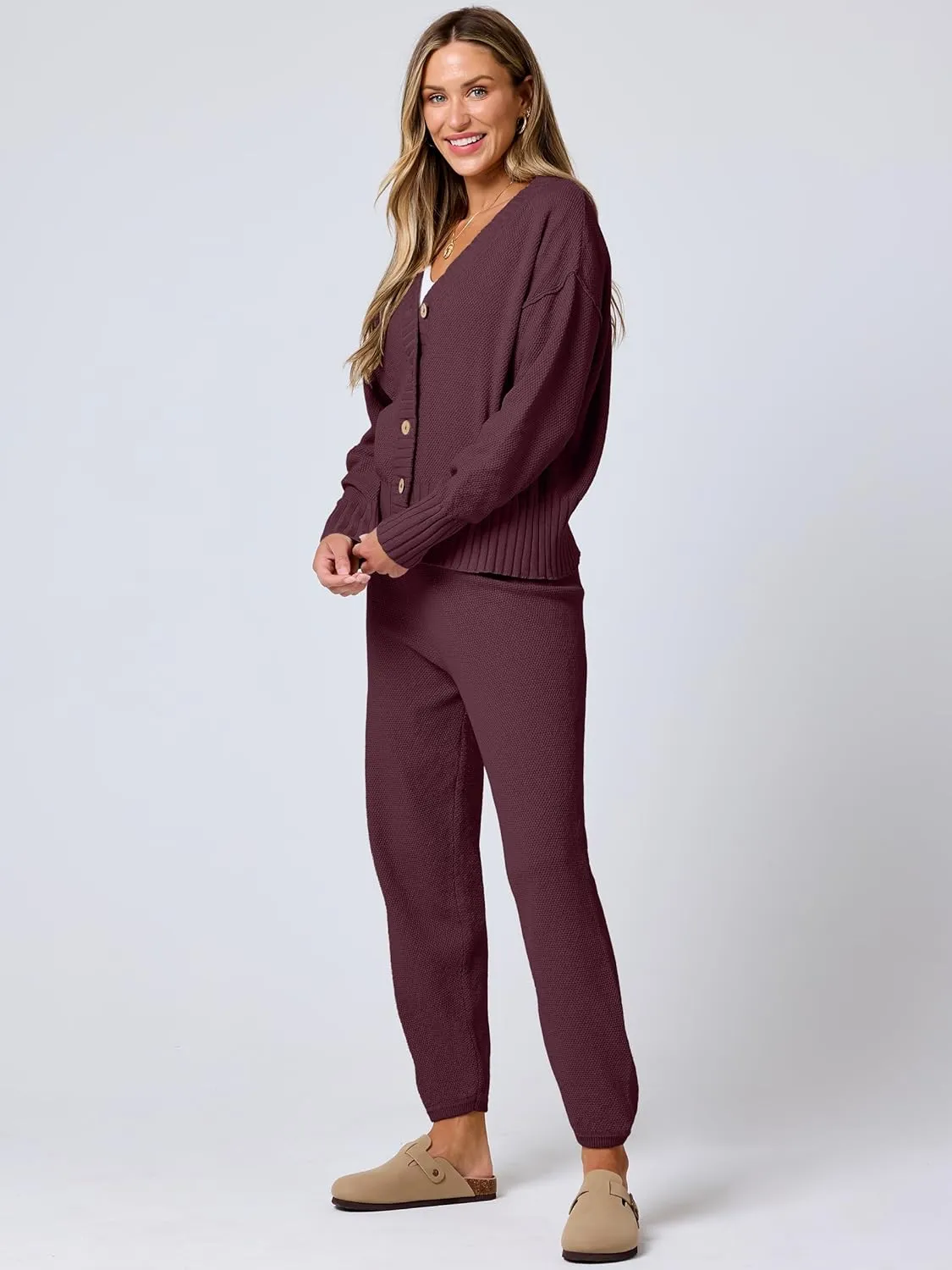 ANRABESS Women 2 Piece Outfits Waffle Knit Long Sleeve Cardigan Set Casual Sweater Pants Lounge Sets 2024 Fall Clothes