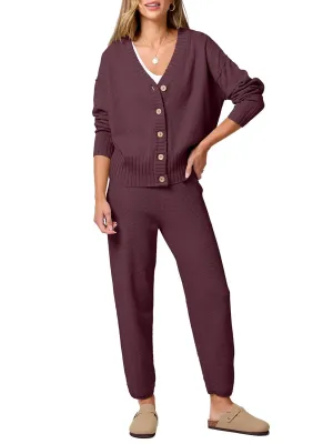 ANRABESS Women 2 Piece Outfits Waffle Knit Long Sleeve Cardigan Set Casual Sweater Pants Lounge Sets 2024 Fall Clothes