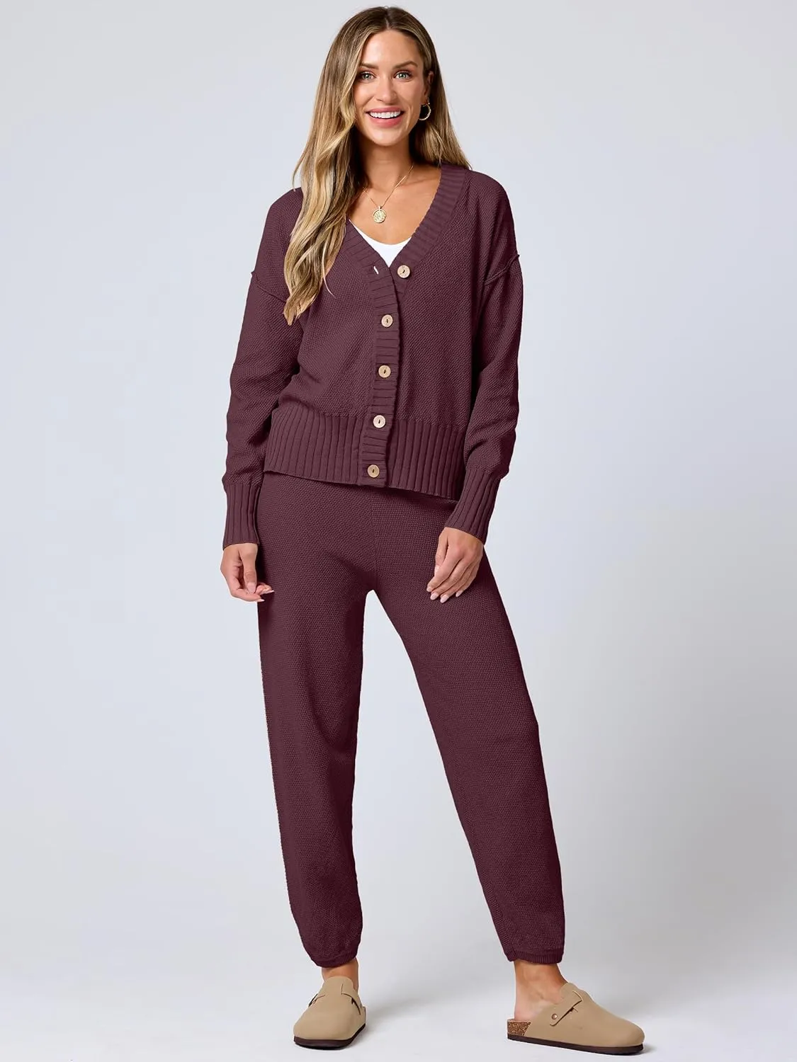 ANRABESS Women 2 Piece Outfits Waffle Knit Long Sleeve Cardigan Set Casual Sweater Pants Lounge Sets 2024 Fall Clothes