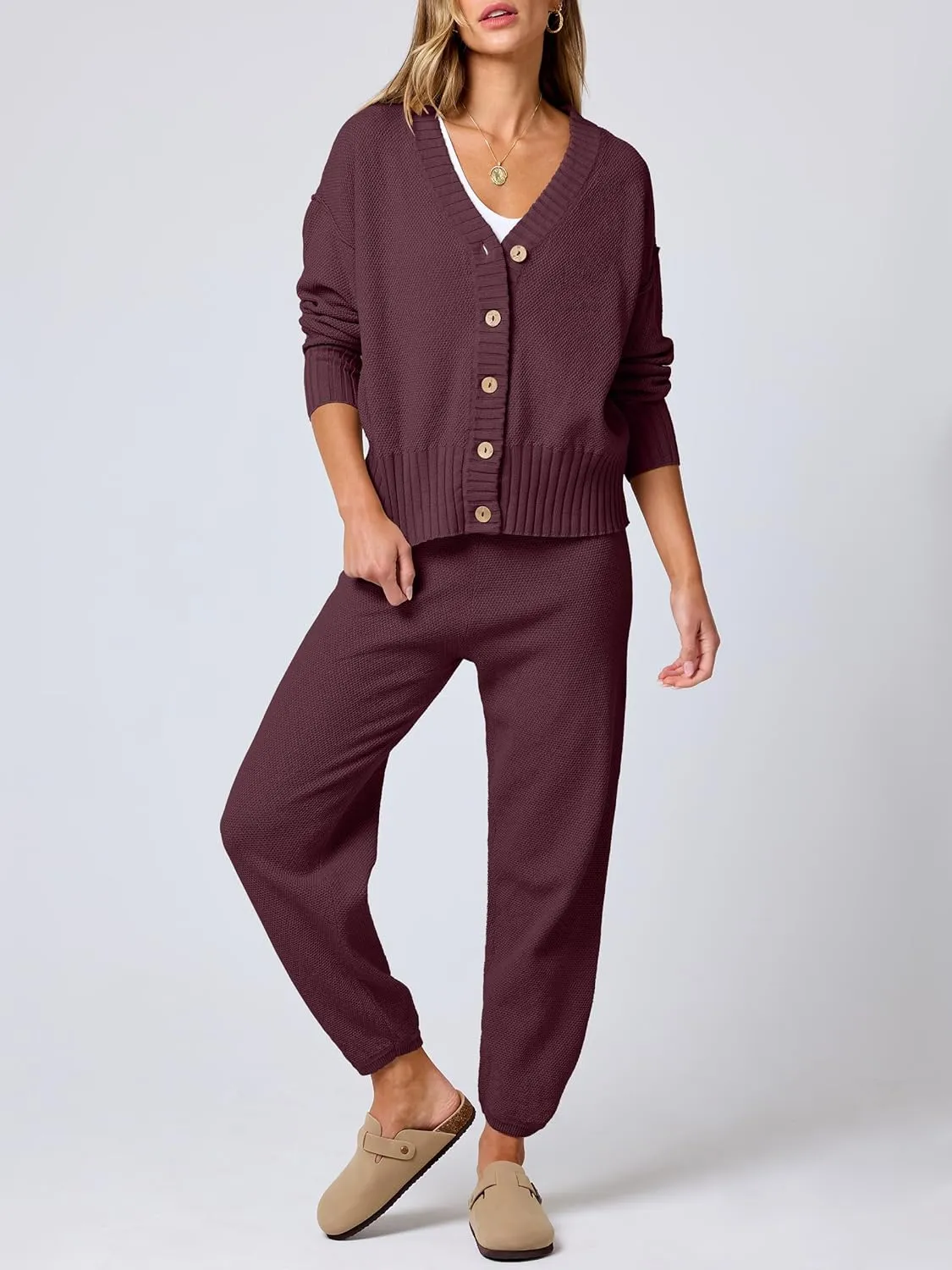ANRABESS Women 2 Piece Outfits Waffle Knit Long Sleeve Cardigan Set Casual Sweater Pants Lounge Sets 2024 Fall Clothes