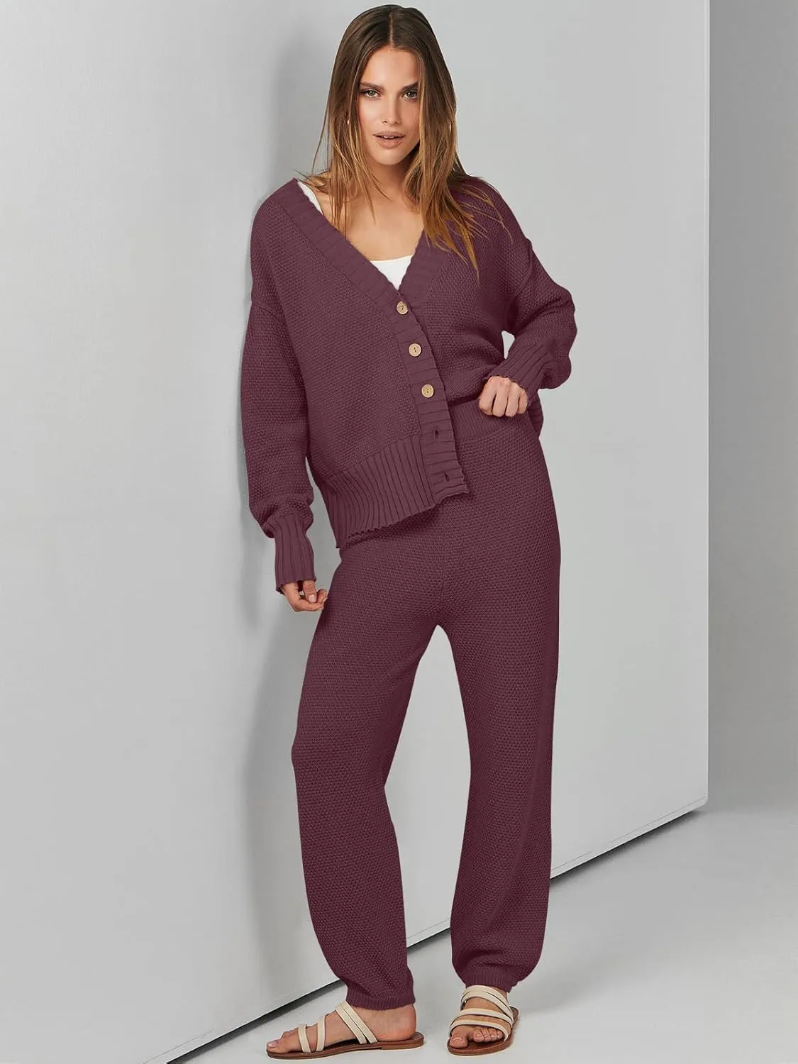 ANRABESS Women 2 Piece Outfits Waffle Knit Long Sleeve Cardigan Set Casual Sweater Pants Lounge Sets 2024 Fall Clothes