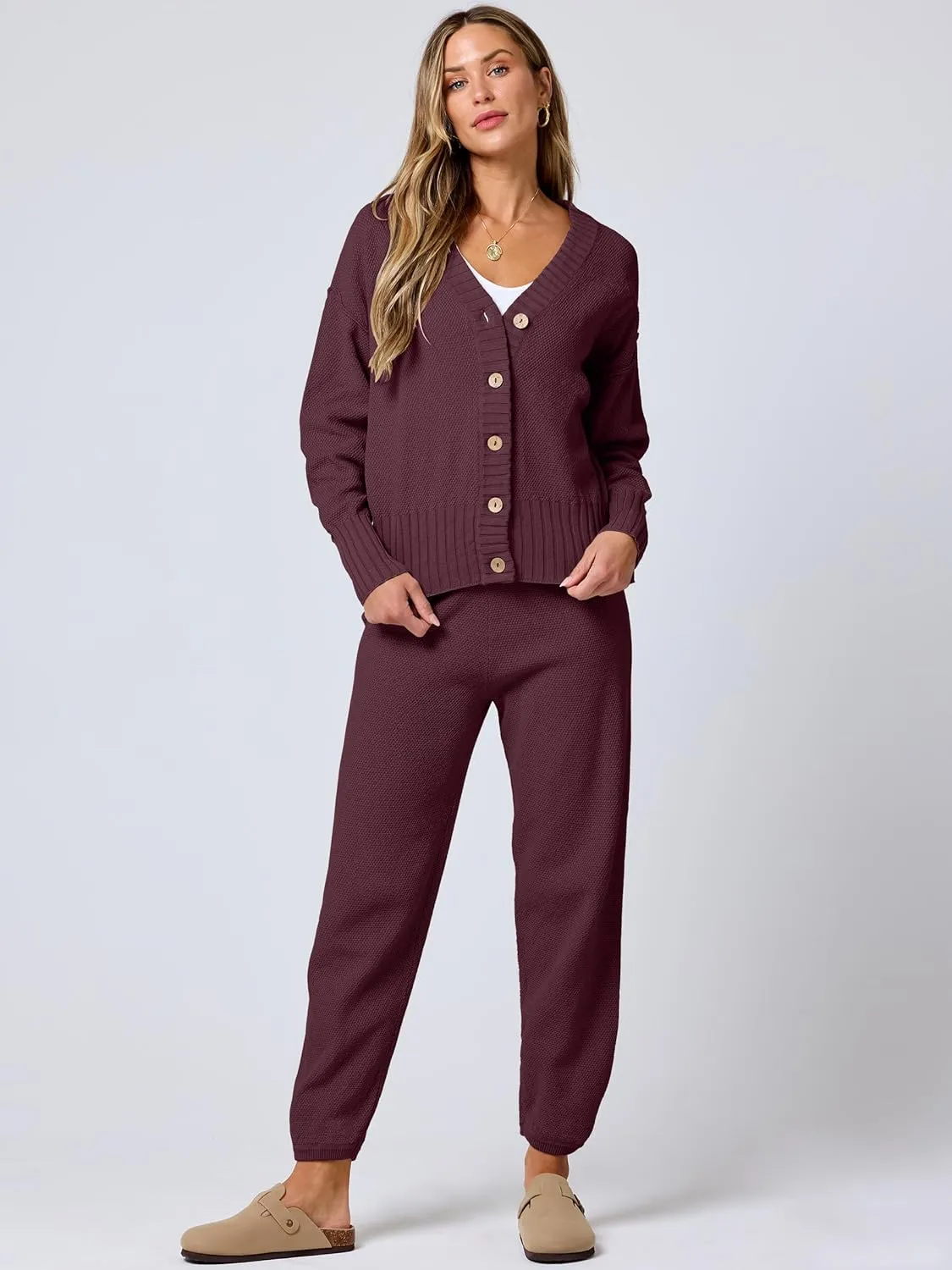 ANRABESS Women 2 Piece Outfits Waffle Knit Long Sleeve Cardigan Set Casual Sweater Pants Lounge Sets 2024 Fall Clothes