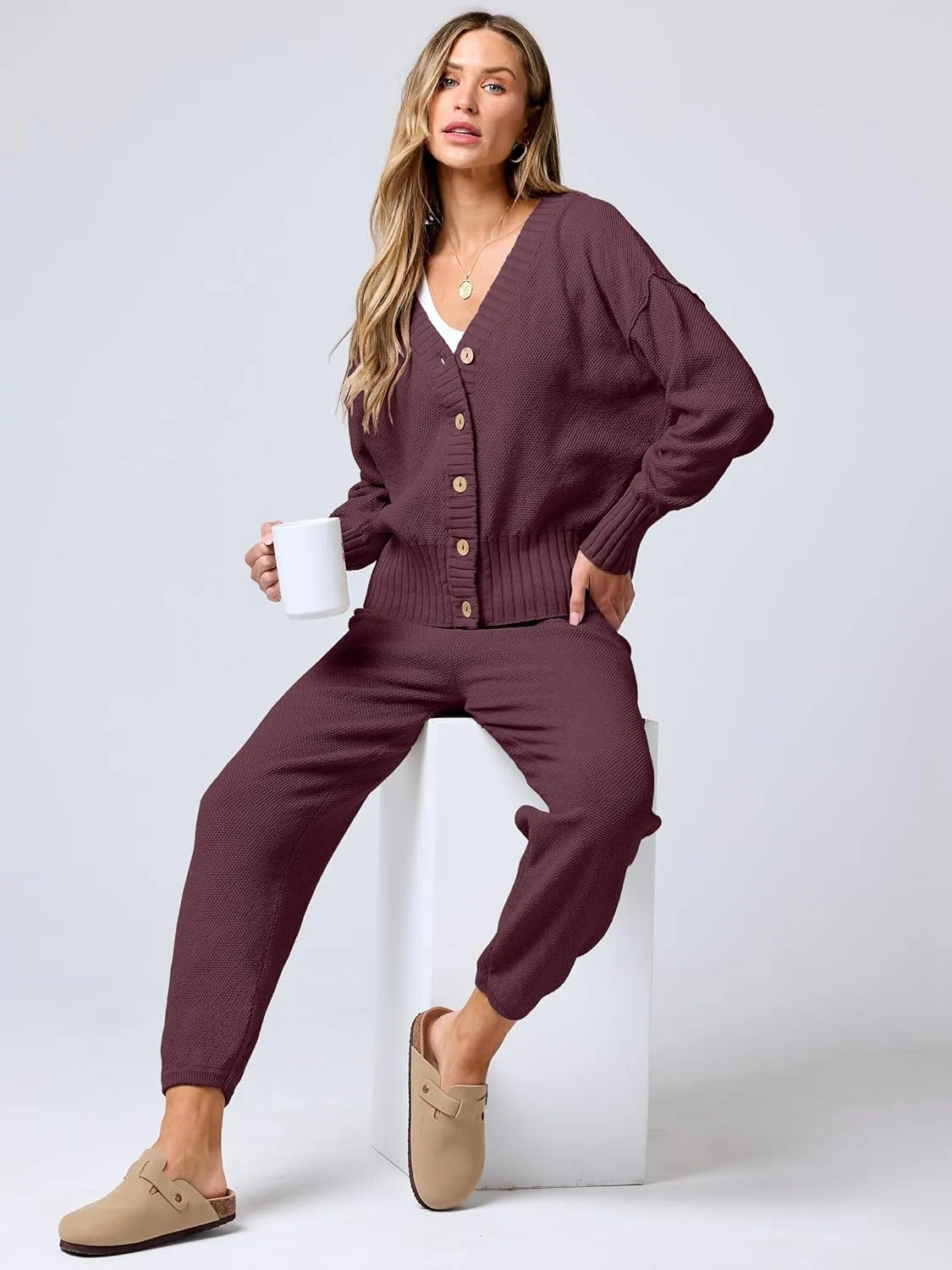 ANRABESS Women 2 Piece Outfits Waffle Knit Long Sleeve Cardigan Set Casual Sweater Pants Lounge Sets 2024 Fall Clothes