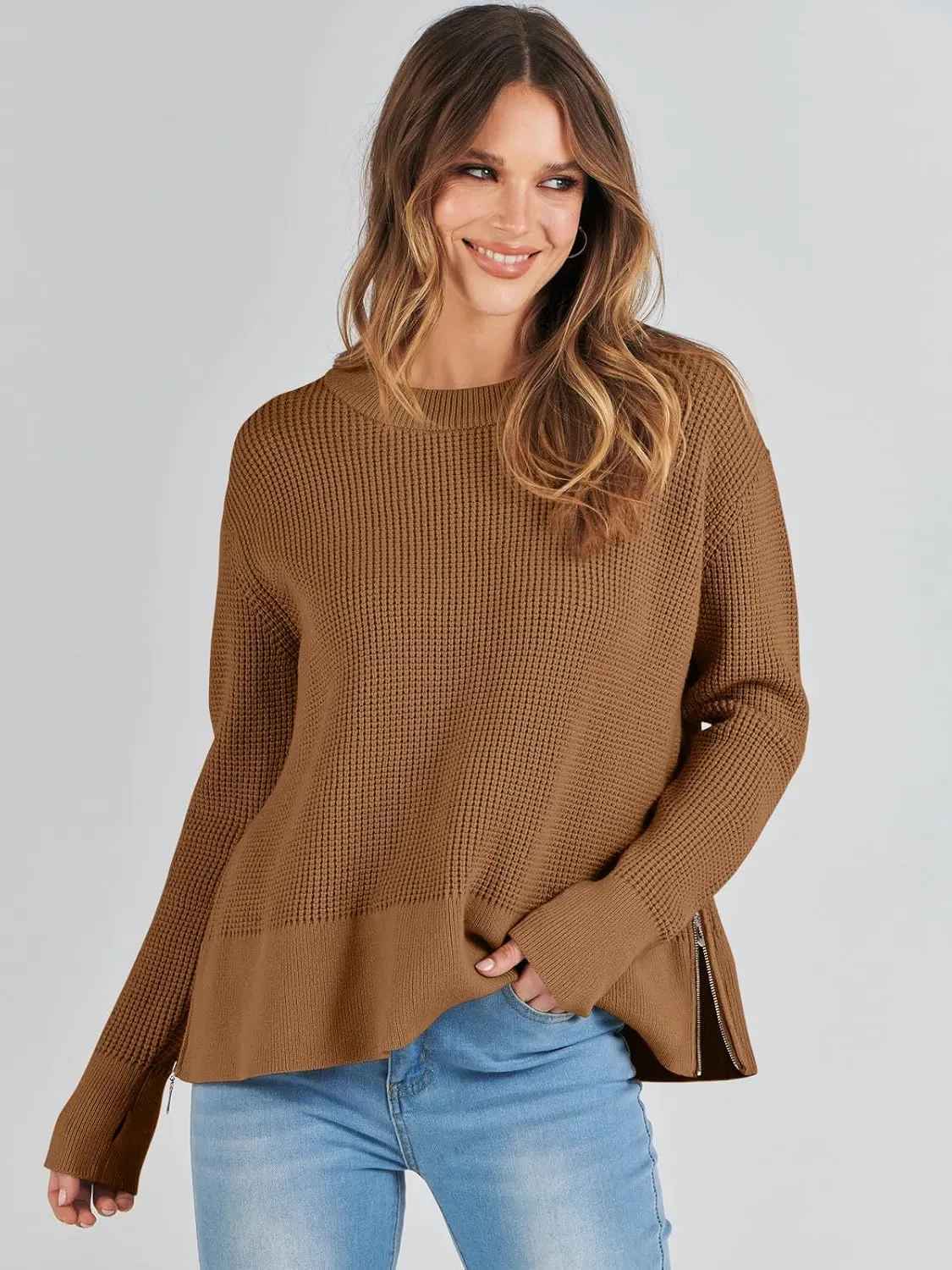 ANRABESS Womens Crewneck Long Sleeve Waffle Knit Casual Side Zipper Pullover Sweaters Top Thumbhole 2025 Fall Outfits