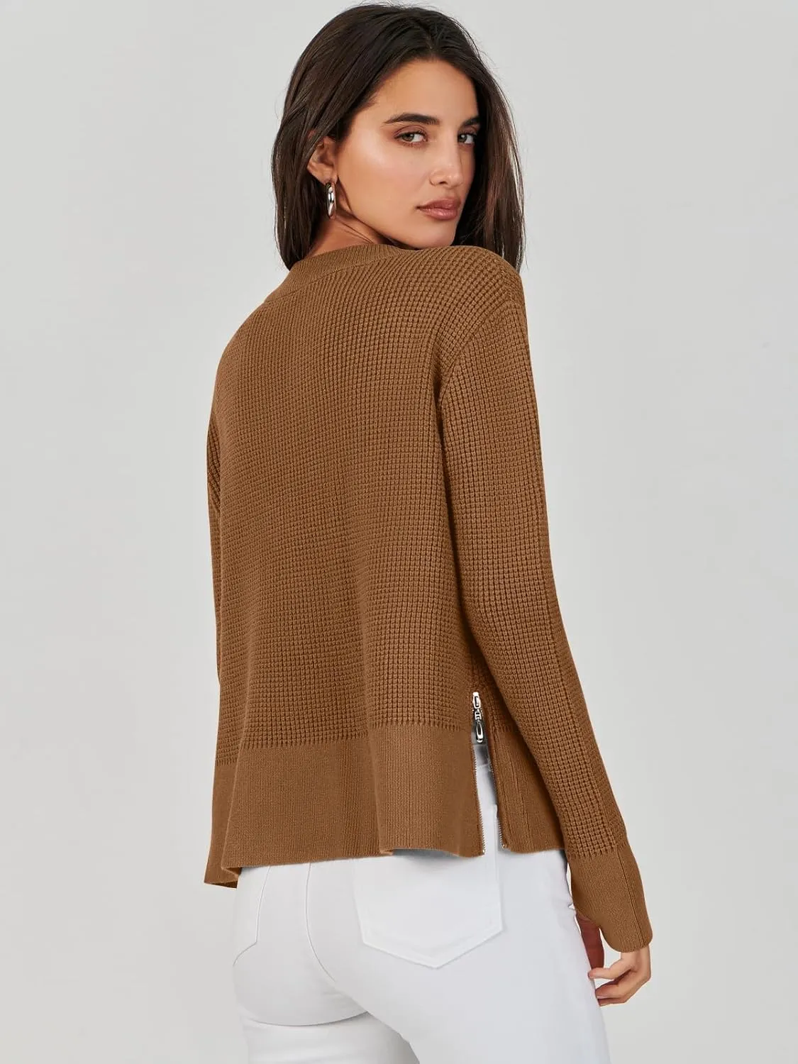 ANRABESS Womens Crewneck Long Sleeve Waffle Knit Casual Side Zipper Pullover Sweaters Top Thumbhole 2025 Fall Outfits