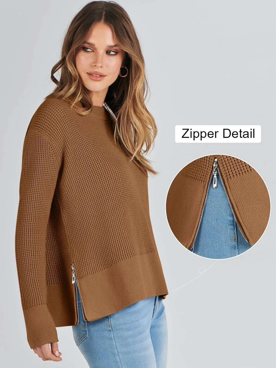 ANRABESS Womens Crewneck Long Sleeve Waffle Knit Casual Side Zipper Pullover Sweaters Top Thumbhole 2025 Fall Outfits