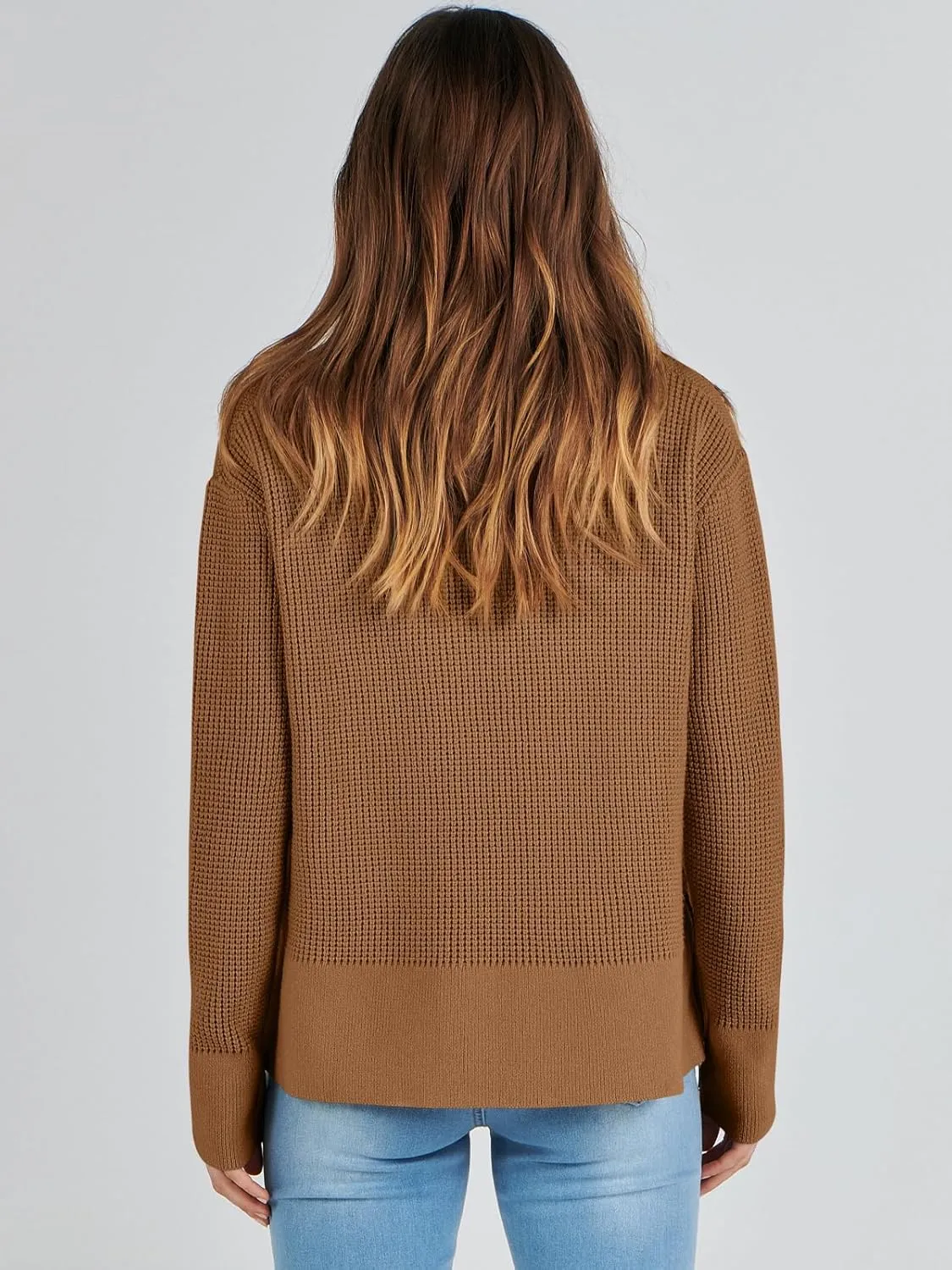 ANRABESS Womens Crewneck Long Sleeve Waffle Knit Casual Side Zipper Pullover Sweaters Top Thumbhole 2025 Fall Outfits