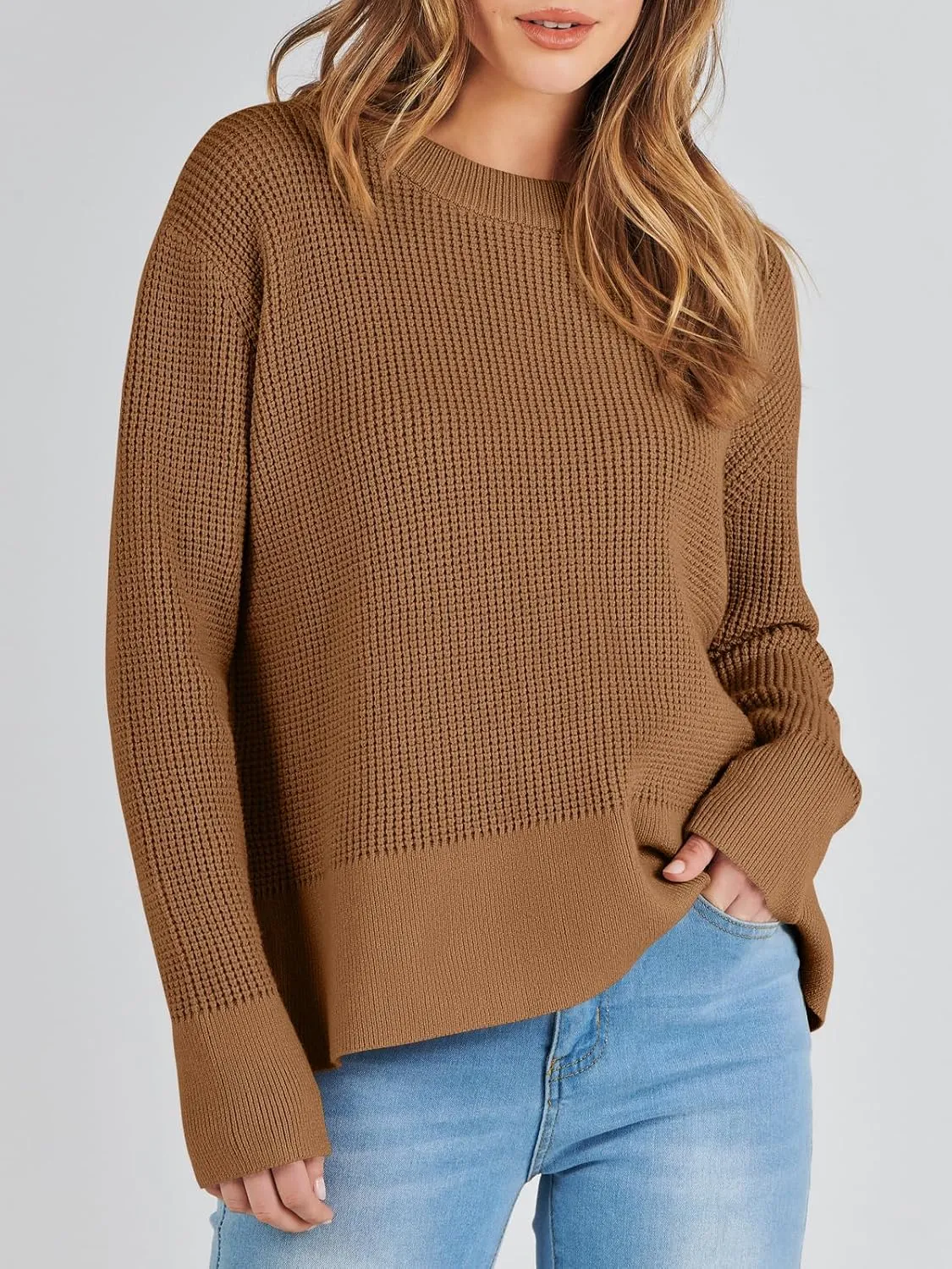 ANRABESS Womens Crewneck Long Sleeve Waffle Knit Casual Side Zipper Pullover Sweaters Top Thumbhole 2025 Fall Outfits