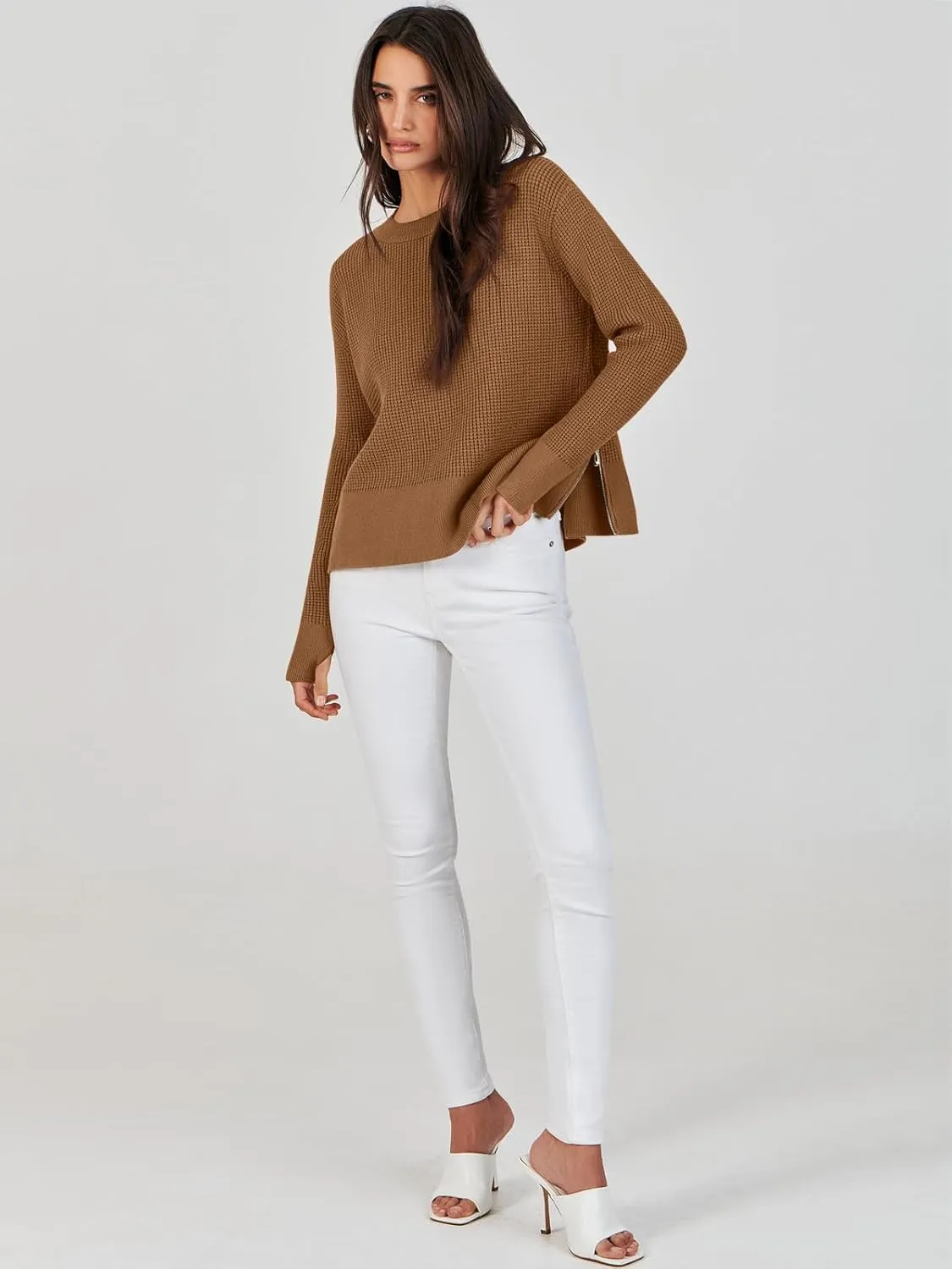 ANRABESS Womens Crewneck Long Sleeve Waffle Knit Casual Side Zipper Pullover Sweaters Top Thumbhole 2025 Fall Outfits