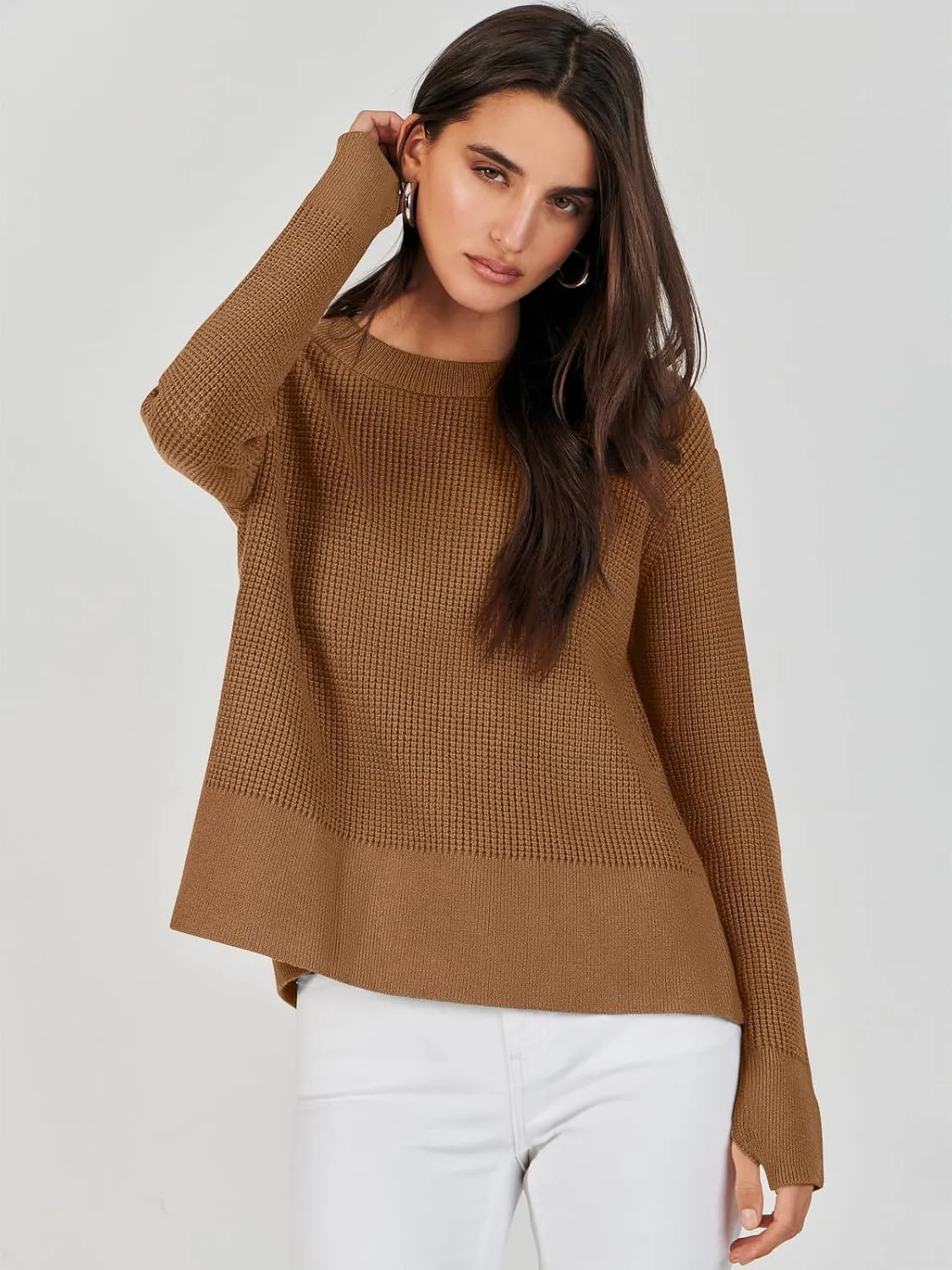 ANRABESS Womens Crewneck Long Sleeve Waffle Knit Casual Side Zipper Pullover Sweaters Top Thumbhole 2025 Fall Outfits