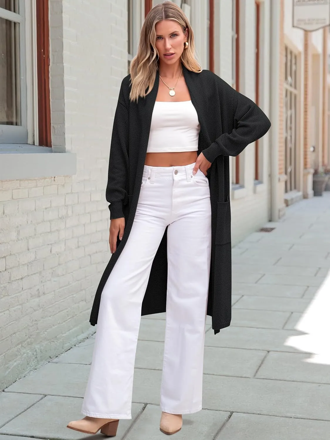 ANRABESS Womens Long Cardigan Sweater Open Front Long Sleeve Slouchy Oversized Coat 2024 Winter Chunky Knit Waffle Coatigan