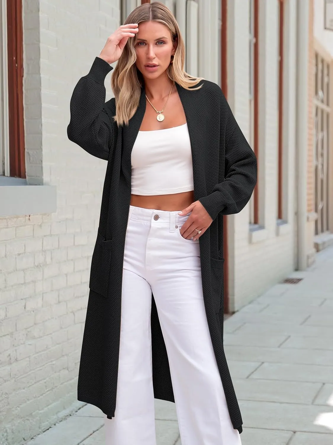 ANRABESS Womens Long Cardigan Sweater Open Front Long Sleeve Slouchy Oversized Coat 2024 Winter Chunky Knit Waffle Coatigan
