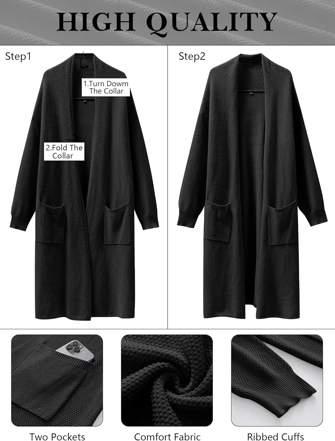 ANRABESS Womens Long Cardigan Sweater Open Front Long Sleeve Slouchy Oversized Coat 2024 Winter Chunky Knit Waffle Coatigan