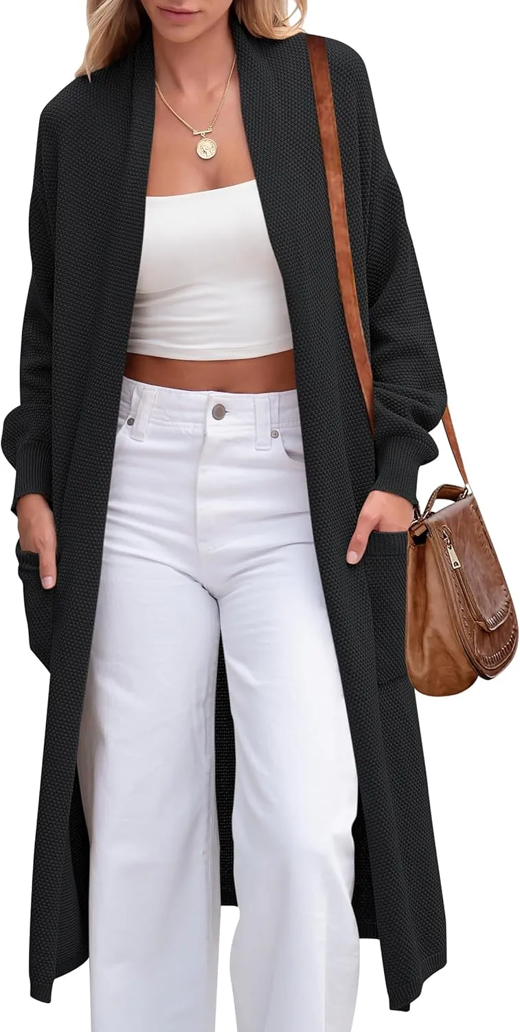 ANRABESS Womens Long Cardigan Sweater Open Front Long Sleeve Slouchy Oversized Coat 2024 Winter Chunky Knit Waffle Coatigan