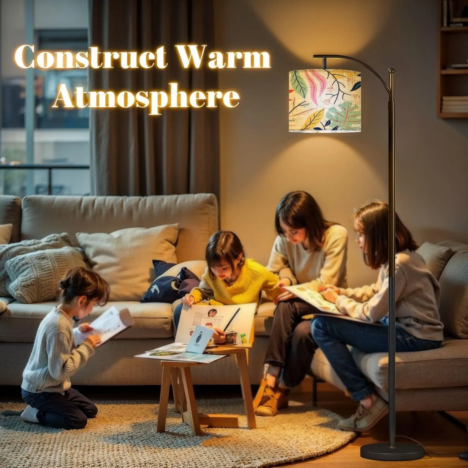 Arc Floor Lamps Flat Abstract Floral Modern LED Adjustable Lampshade Standing Light for Living Room Reading Bedroom Office