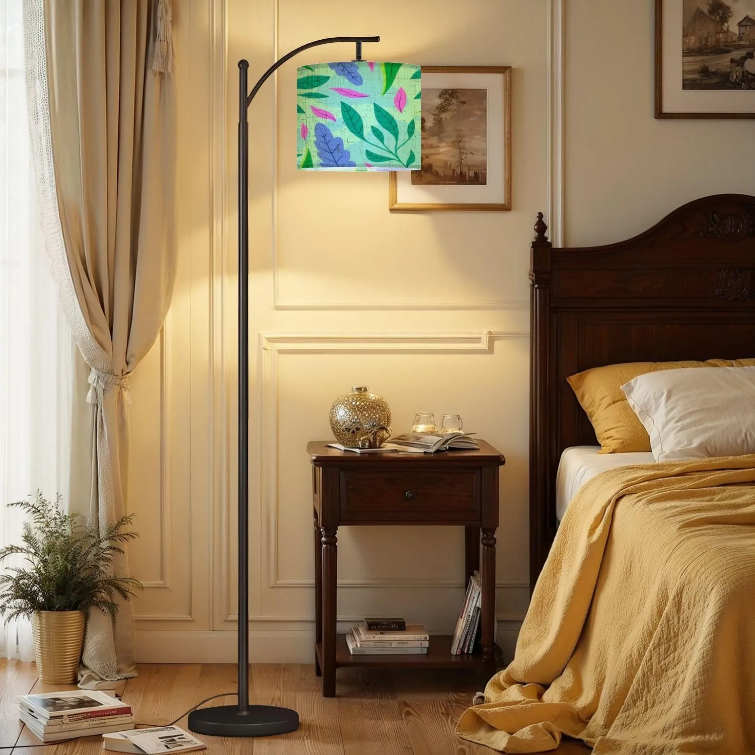 Arc Floor Lamps Flat Design Abstract Floral Theme for Modern LED Adjustable Lampshade Standing Light for Living Room Reading Bedroom Office