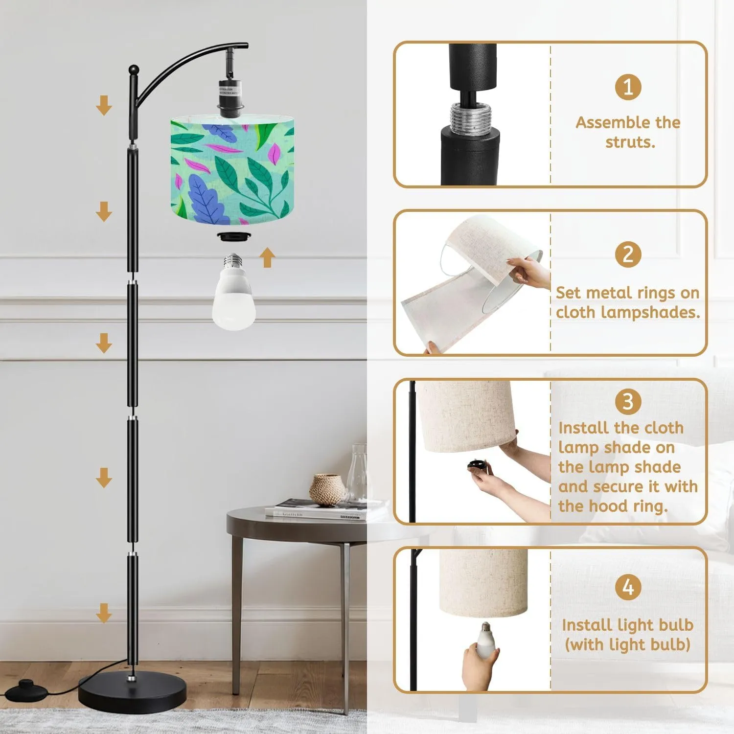 Arc Floor Lamps Flat Design Abstract Floral Theme for Modern LED Adjustable Lampshade Standing Light for Living Room Reading Bedroom Office