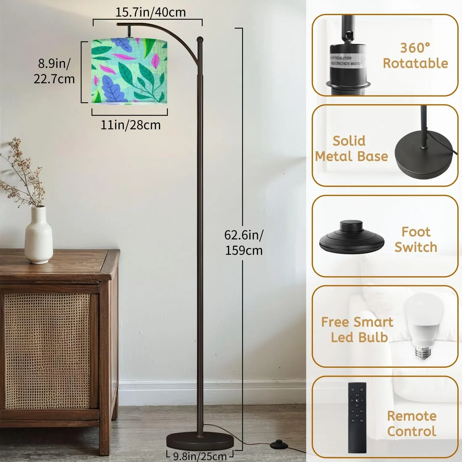 Arc Floor Lamps Flat Design Abstract Floral Theme for Modern LED Adjustable Lampshade Standing Light for Living Room Reading Bedroom Office