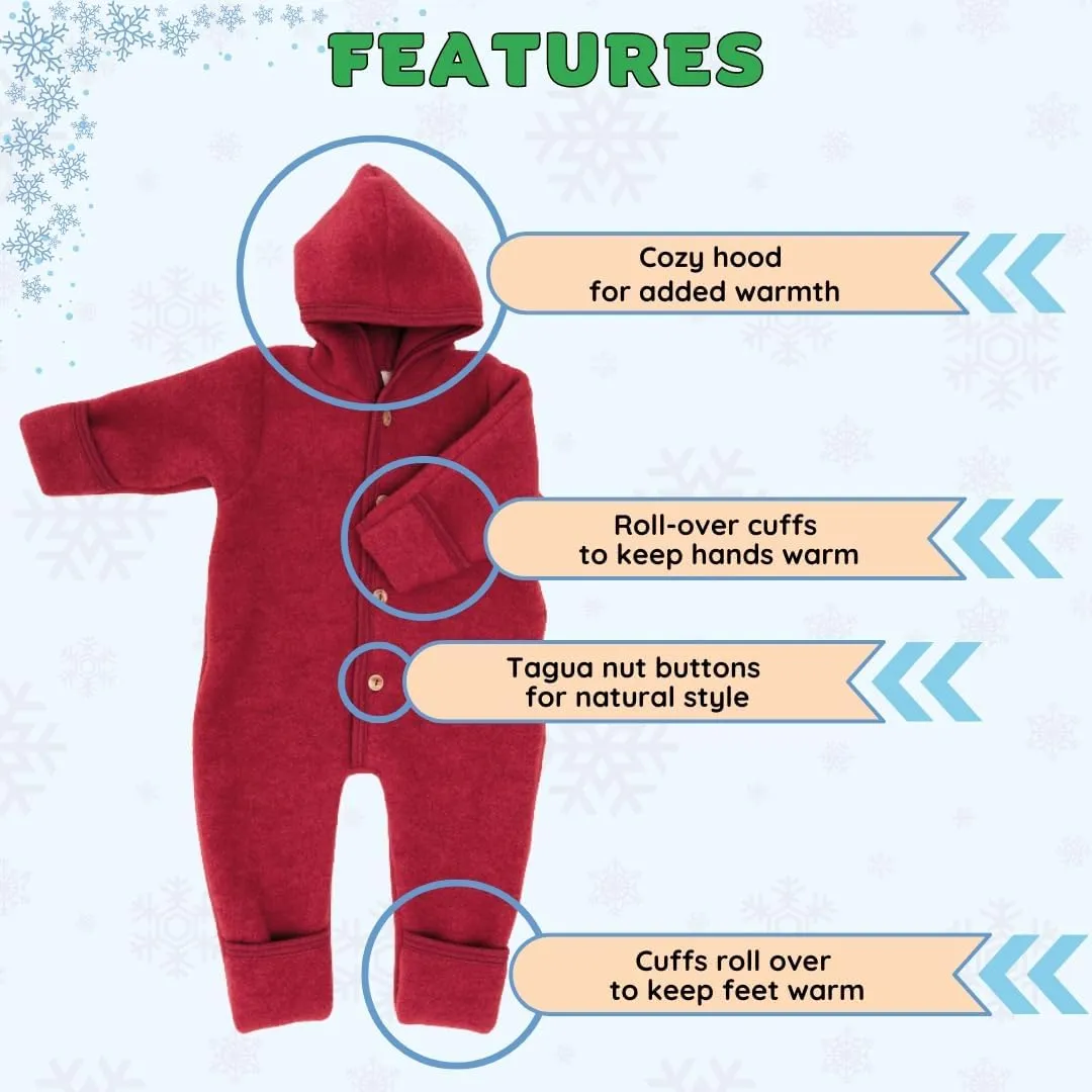 Baby Fleece Bunting: Thermal Footed Coverall Romper with Hood for Toddlers, Organic Merino Wool