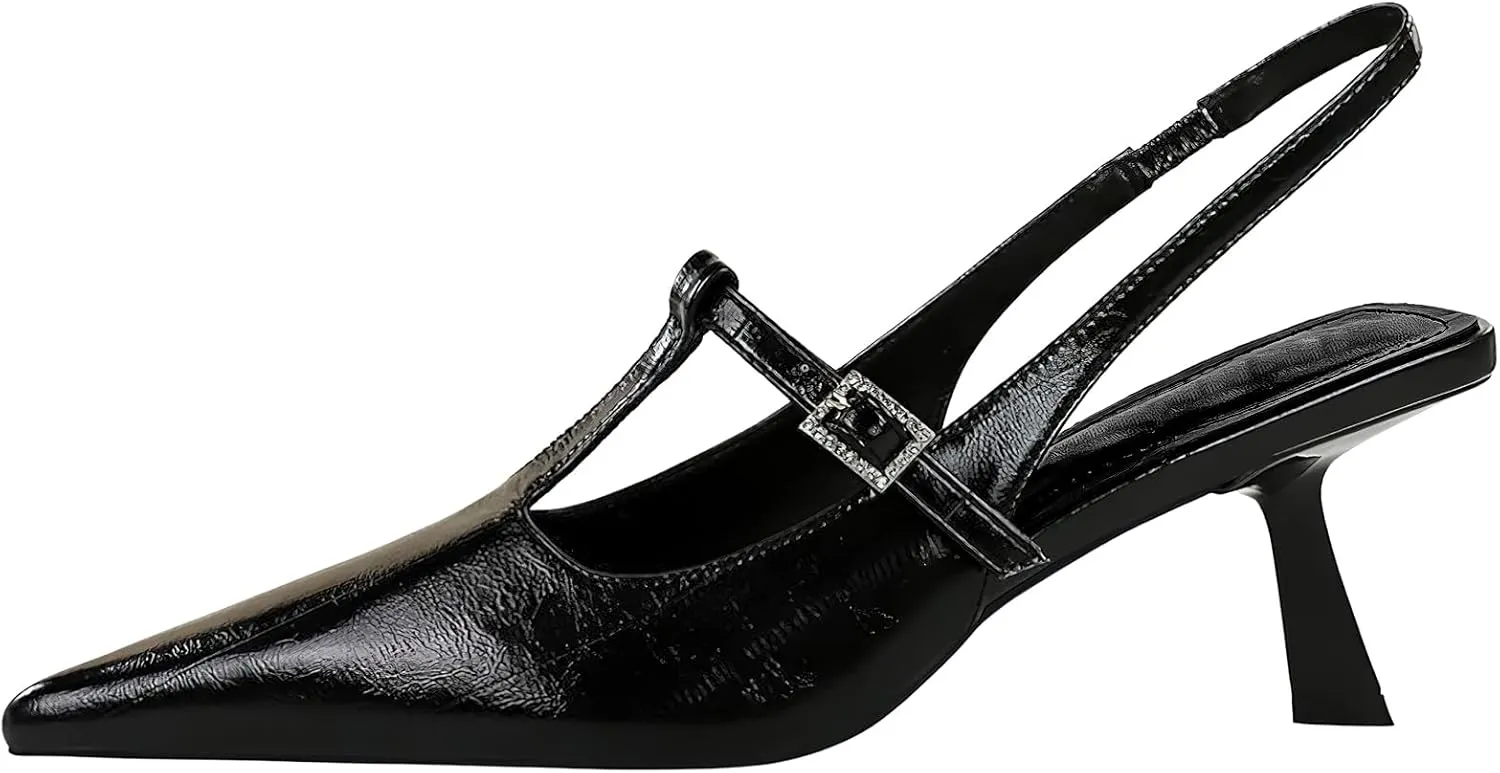 baobeijiadao Womens Pointed Toe Heels Slingback Slip On Pumps Close Toes T Strap Heeled Sandals Kitten Heel Dress Shoes for Women