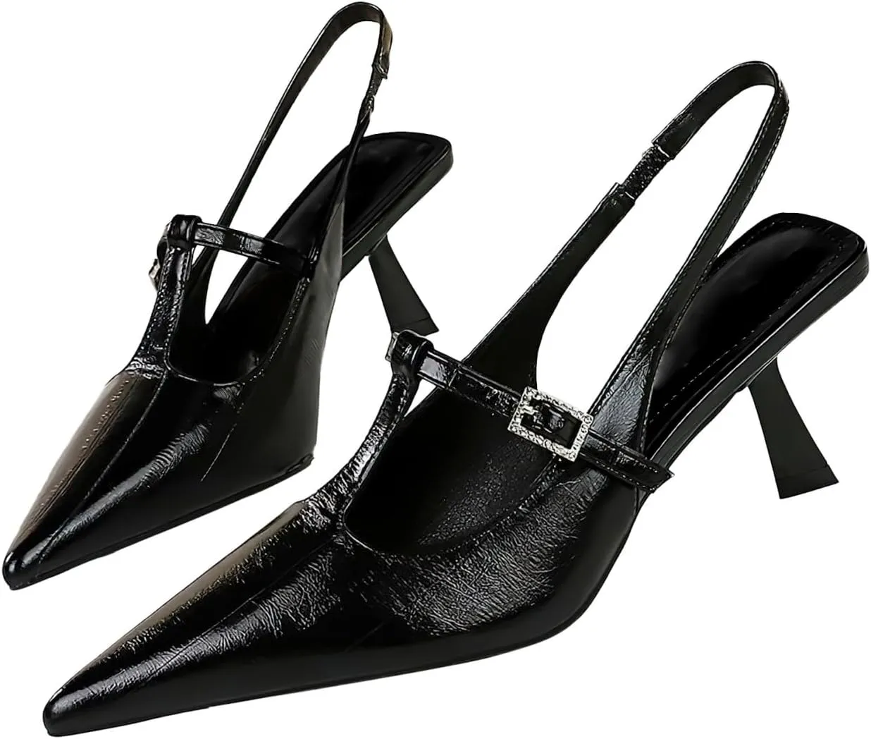 baobeijiadao Womens Pointed Toe Heels Slingback Slip On Pumps Close Toes T Strap Heeled Sandals Kitten Heel Dress Shoes for Women