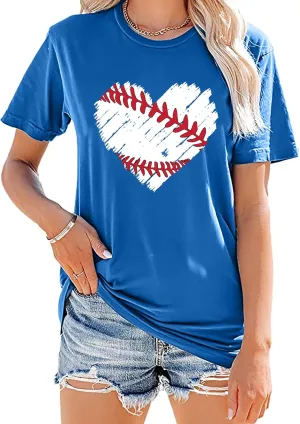 Baseball T Shirts for Women Baseball Mom Shirt Tee Funny Baseball Heart Graphic Casual Baseball Lover Gifts
