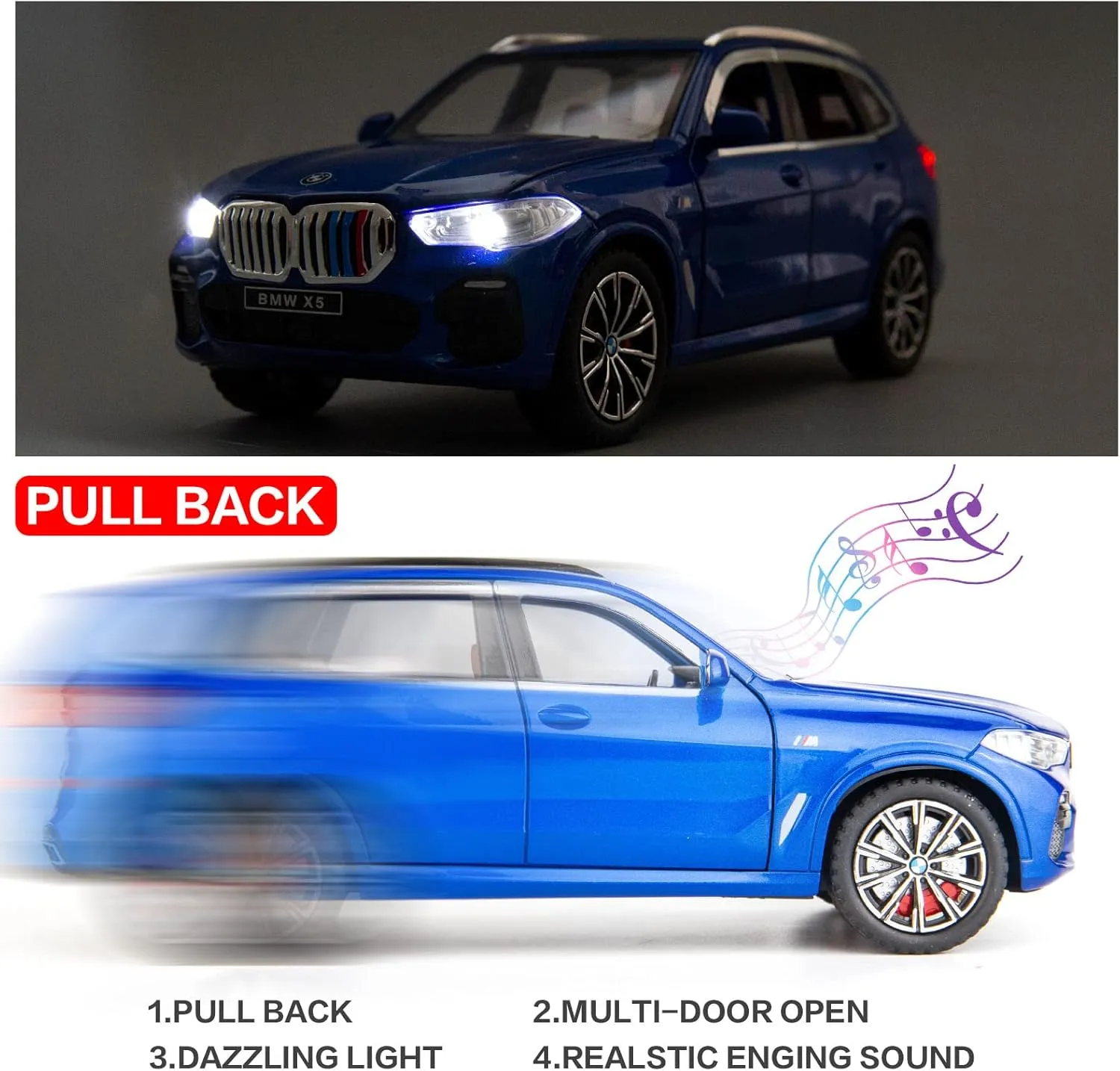 BDTCTK 1:24 Compatible for X5 SUV Model Car Toy, Zinc Alloy Pull Back Toy car with Sound and Light for Kids Boy Girl Gift(Blue)
