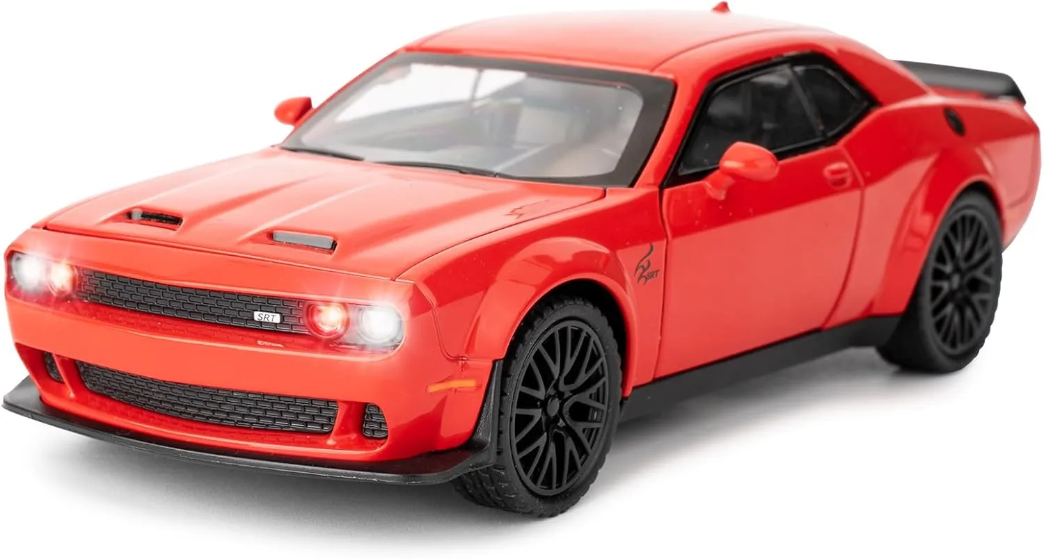 BDTCTK 1/32 Dodge Challenger Hellcat Model Car, Zinc Alloy Pull Back Toy car with Sound and Light for Kids Boy Girl Gift(Red)