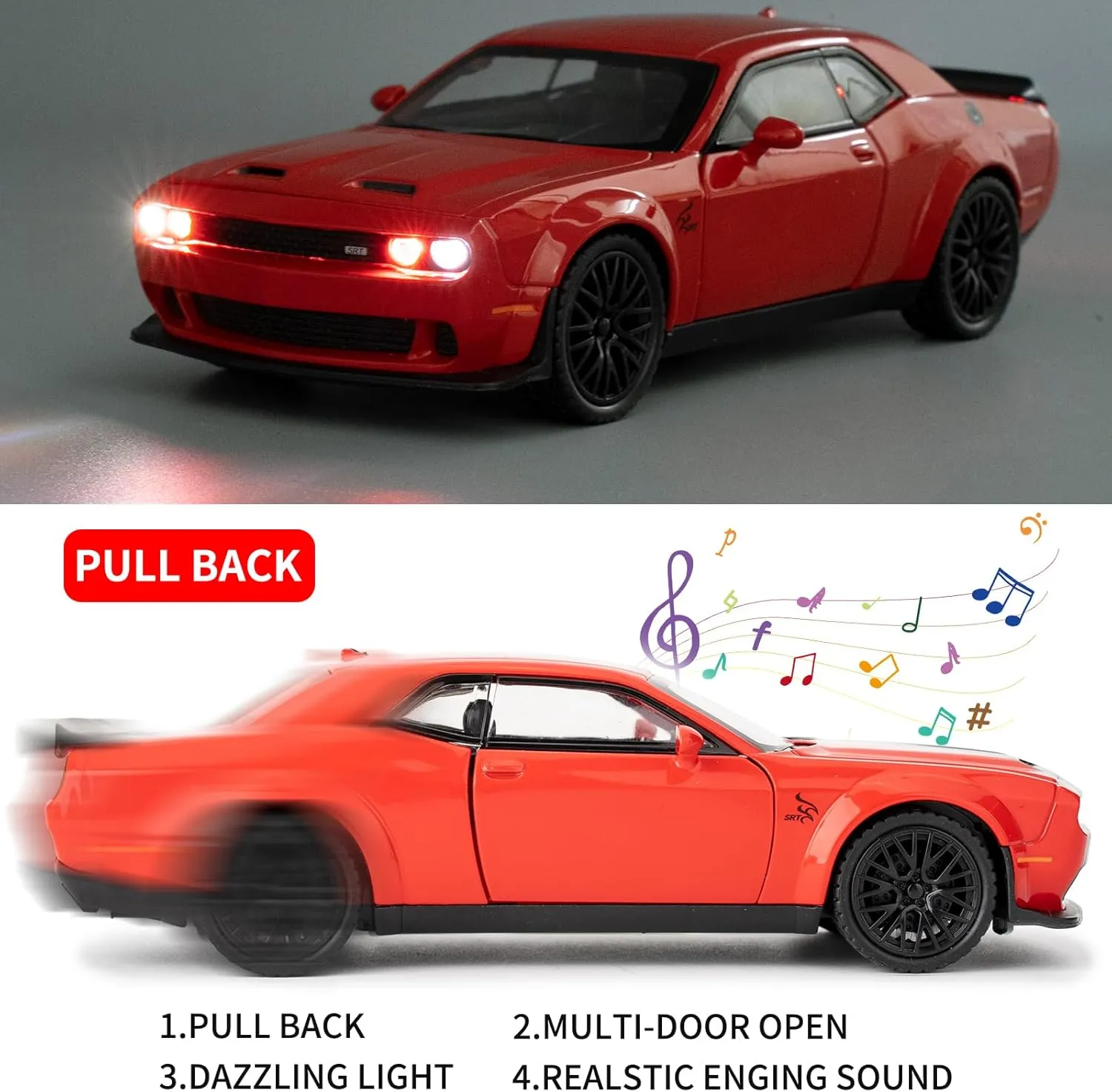 BDTCTK 1/32 Dodge Challenger Hellcat Model Car, Zinc Alloy Pull Back Toy car with Sound and Light for Kids Boy Girl Gift(Red)