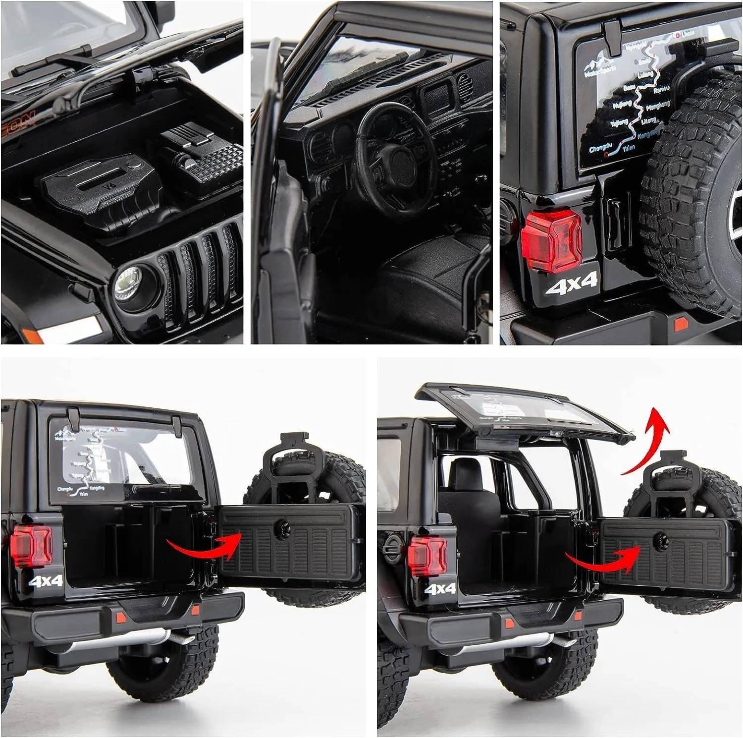 BDTCTK Off-Road 7 Door for Wrangler Diecast Toy Car Model, 1/22 Scale Metal Alloy Vehicle for Kids Boys Girls Adults, Doors Open, Light and Sound, Gifts Black
