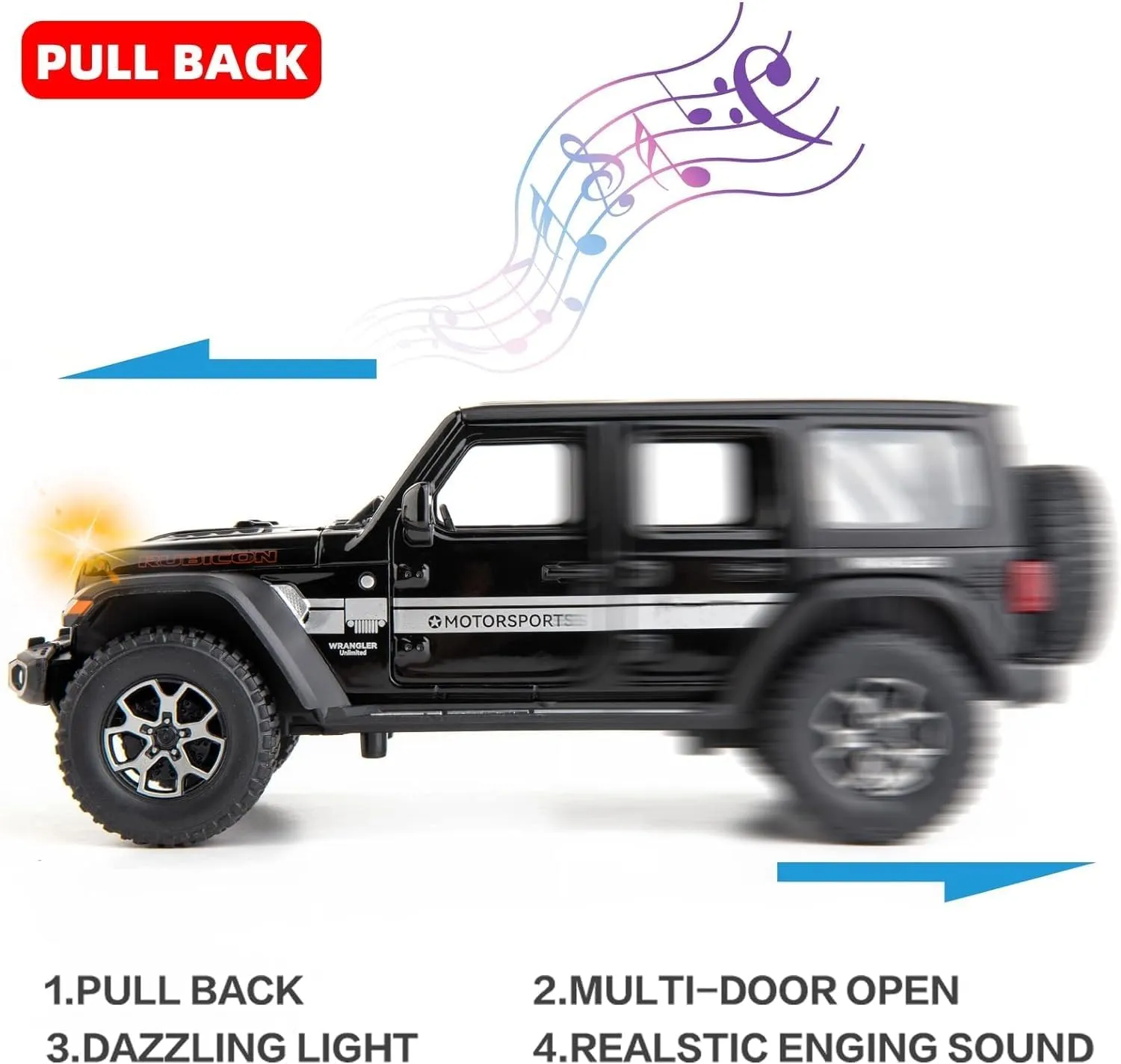 BDTCTK Off-Road 7 Door for Wrangler Diecast Toy Car Model, 1/22 Scale Metal Alloy Vehicle for Kids Boys Girls Adults, Doors Open, Light and Sound, Gifts Black