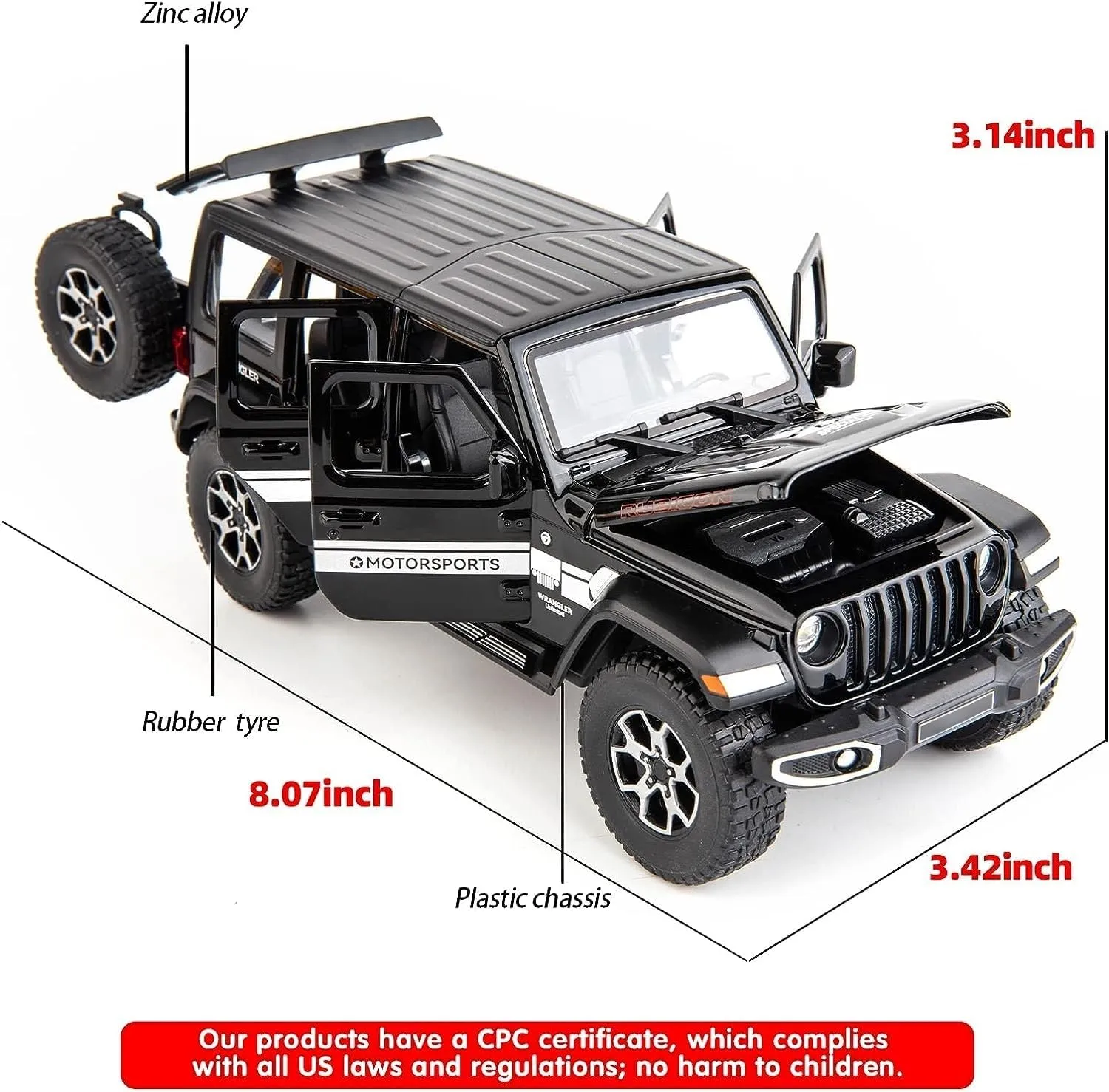 BDTCTK Off-Road 7 Door for Wrangler Diecast Toy Car Model, 1/22 Scale Metal Alloy Vehicle for Kids Boys Girls Adults, Doors Open, Light and Sound, Gifts Black