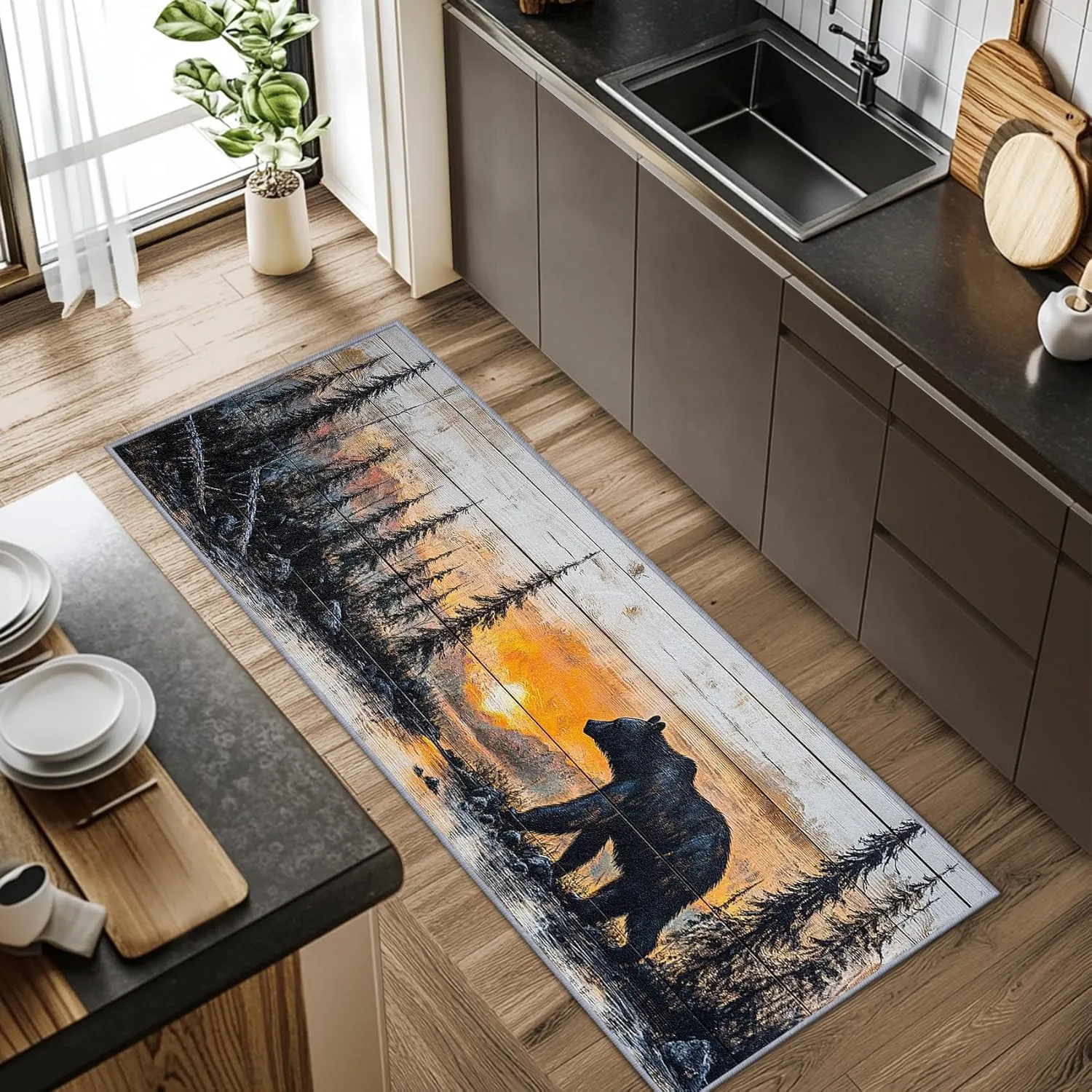 Bear Runner Rugs for Hallway 2x6, Bear Runners for Hallways, 4x12ft, Rustic Forest Sunset Landscape Runner Rug, Cabin Lodge Farmhouse Washable Non Slip Carpet Runner - Bear Home Decor