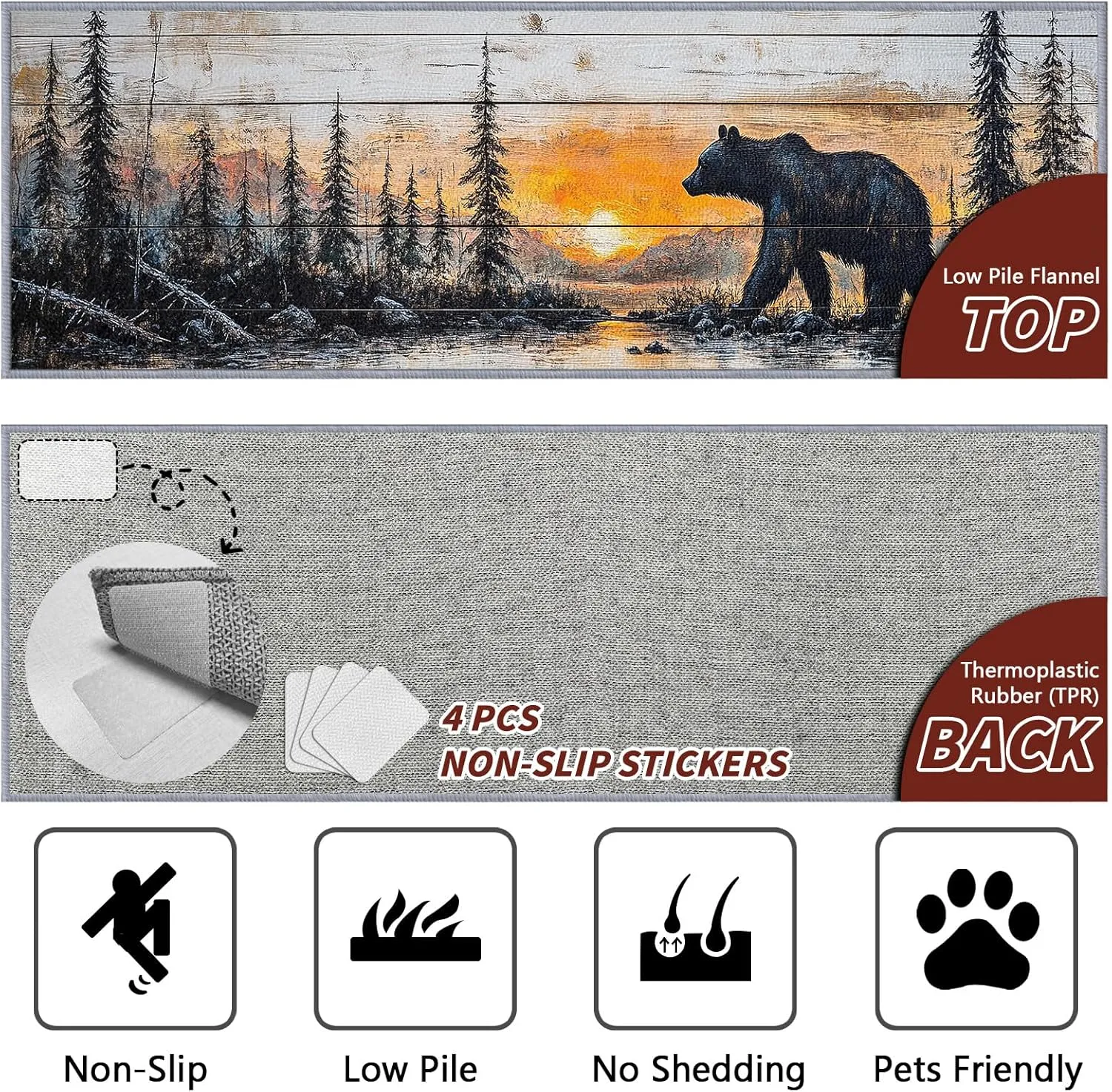 Bear Runner Rugs for Hallway 2x6, Bear Runners for Hallways, 4x12ft, Rustic Forest Sunset Landscape Runner Rug, Cabin Lodge Farmhouse Washable Non Slip Carpet Runner - Bear Home Decor