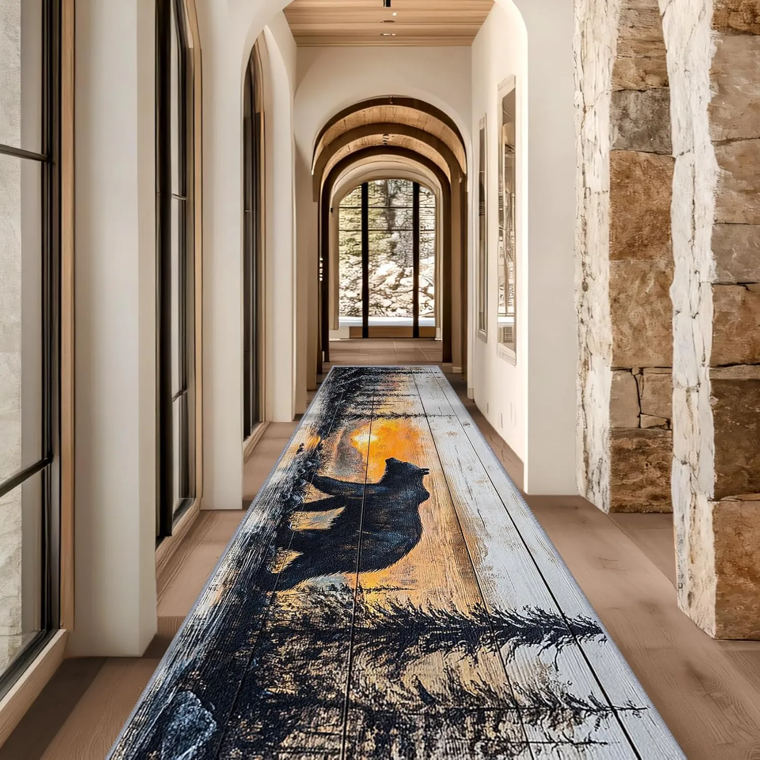 Bear Runner Rugs for Hallway 2x6, Bear Runners for Hallways, 4x12ft, Rustic Forest Sunset Landscape Runner Rug, Cabin Lodge Farmhouse Washable Non Slip Carpet Runner - Bear Home Decor