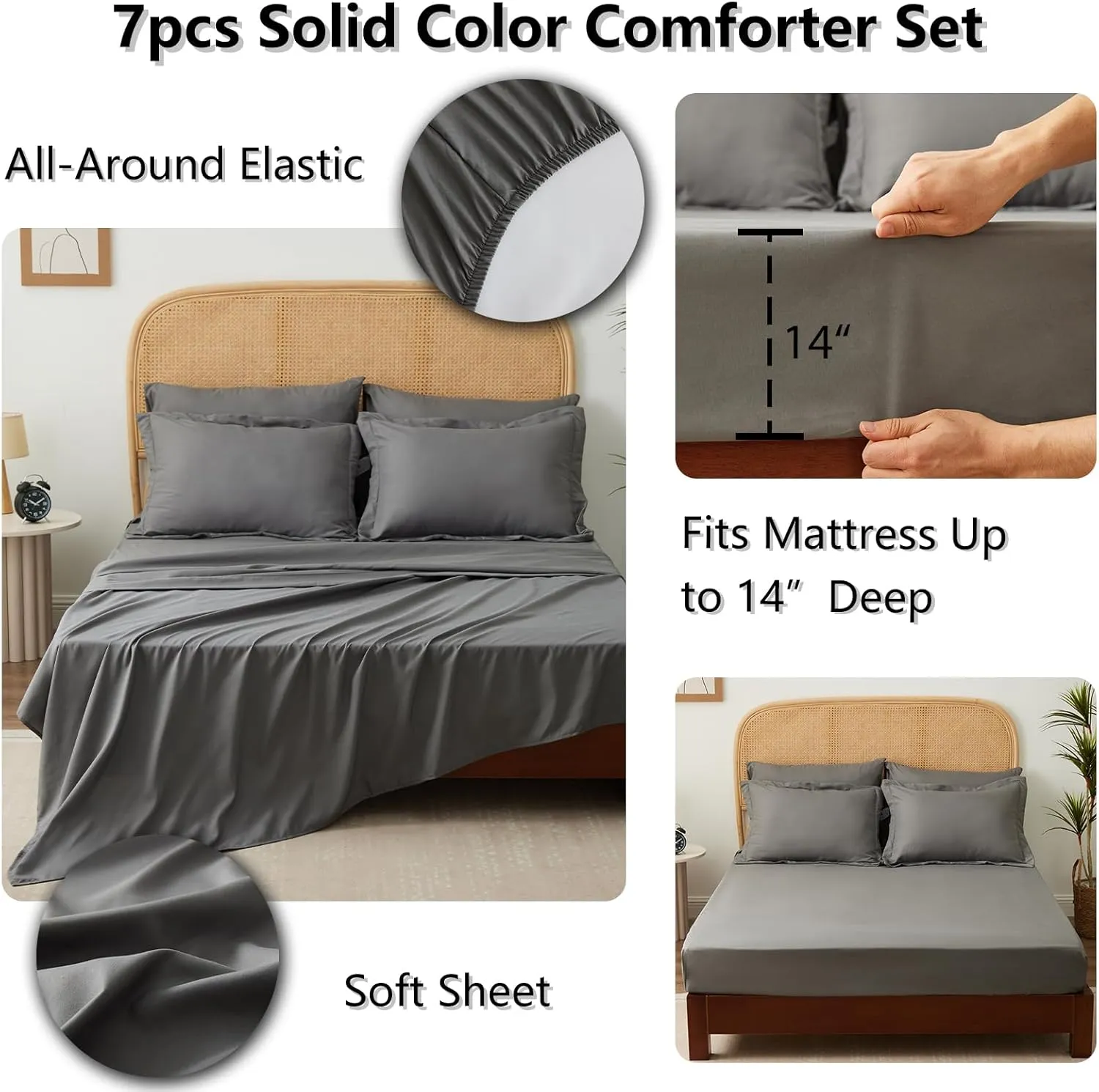 Bed in a Bag King Grey King Size Bed Set 7 Pieces King Bed in a Bag Set with Comforter, Fitted Sheets, Flat Sheets, Pillow Shams and Pillowcases