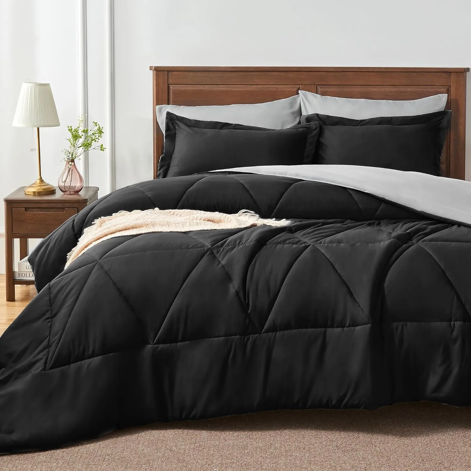 BEDELITE Queen Comforter Set 7 Pieces Bed in A Bag - Soft Microfiber Reversible Black Bed Set with Comforters, Sheets, Pillowcases & Shams, Cozy Luxury Bedding Sets for All Season