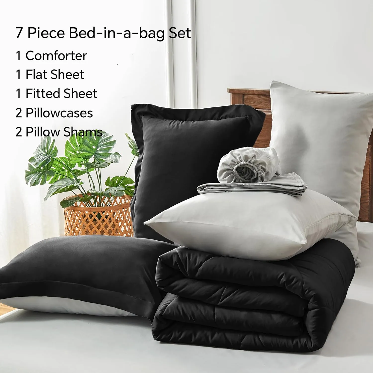 BEDELITE Queen Comforter Set 7 Pieces Bed in A Bag - Soft Microfiber Reversible Black Bed Set with Comforters, Sheets, Pillowcases & Shams, Cozy Luxury Bedding Sets for All Season