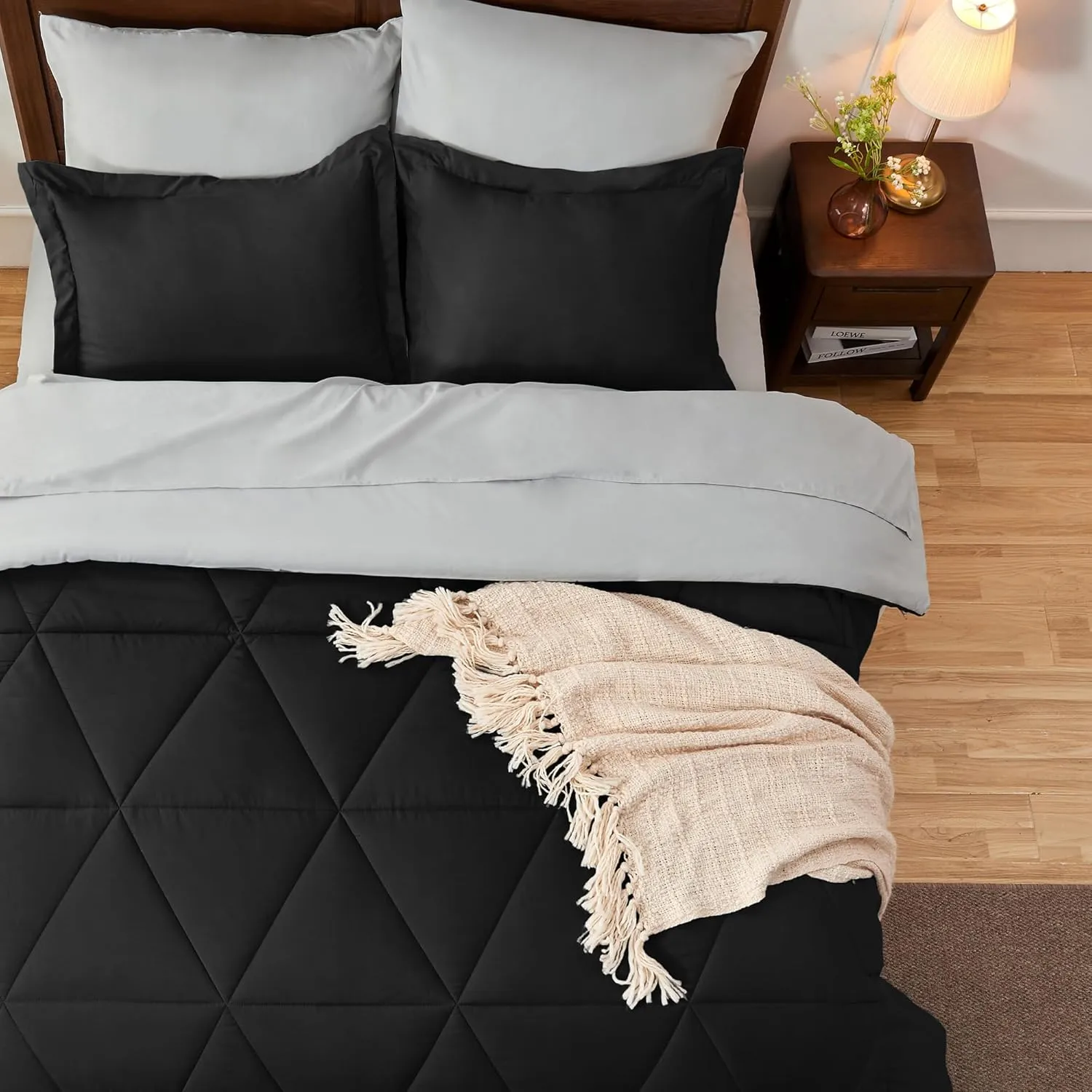 BEDELITE Queen Comforter Set 7 Pieces Bed in A Bag - Soft Microfiber Reversible Black Bed Set with Comforters, Sheets, Pillowcases & Shams, Cozy Luxury Bedding Sets for All Season