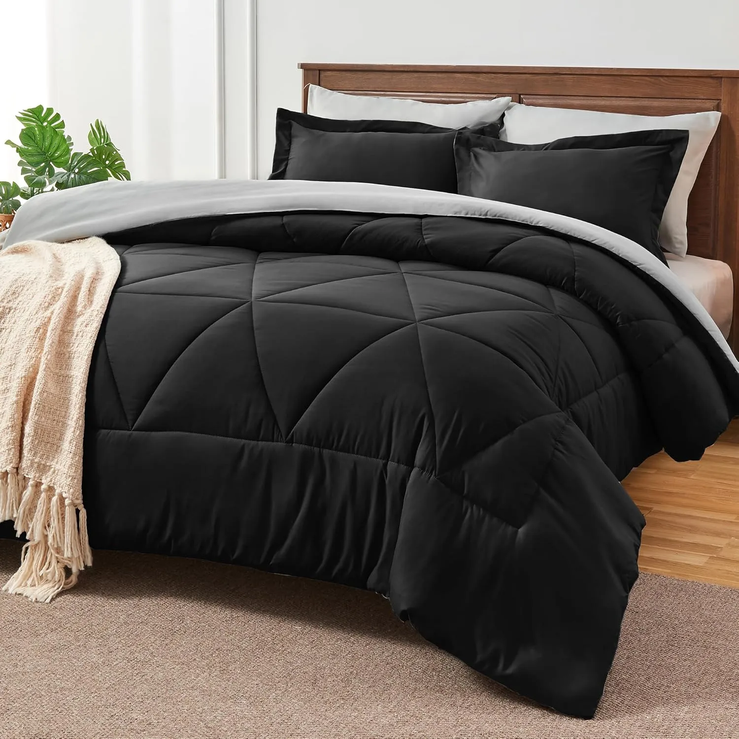 BEDELITE Queen Comforter Set 7 Pieces Bed in A Bag - Soft Microfiber Reversible Black Bed Set with Comforters, Sheets, Pillowcases & Shams, Cozy Luxury Bedding Sets for All Season