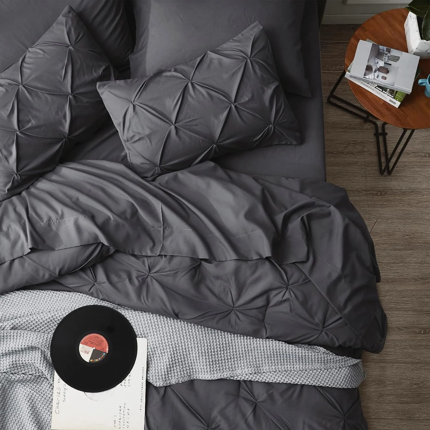 Bedsure King Size Comforter Set Dark Grey - Bed in a Bag King Size 7 Pieces, GentleSoft™ Pintuck Bed Set Gift for Family, Pinch Pleat Dark Grey Comforter with Sheets, Pillowcases & Shams