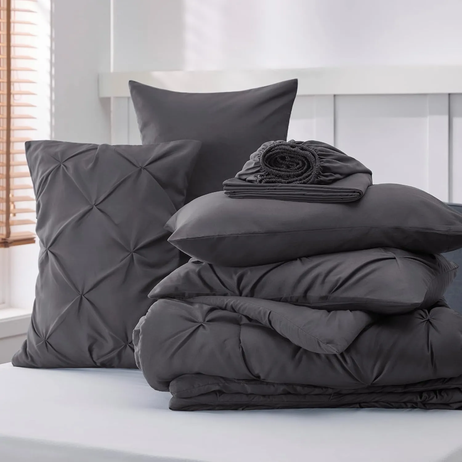 Bedsure King Size Comforter Set Dark Grey - Bed in a Bag King Size 7 Pieces, GentleSoft™ Pintuck Bed Set Gift for Family, Pinch Pleat Dark Grey Comforter with Sheets, Pillowcases & Shams