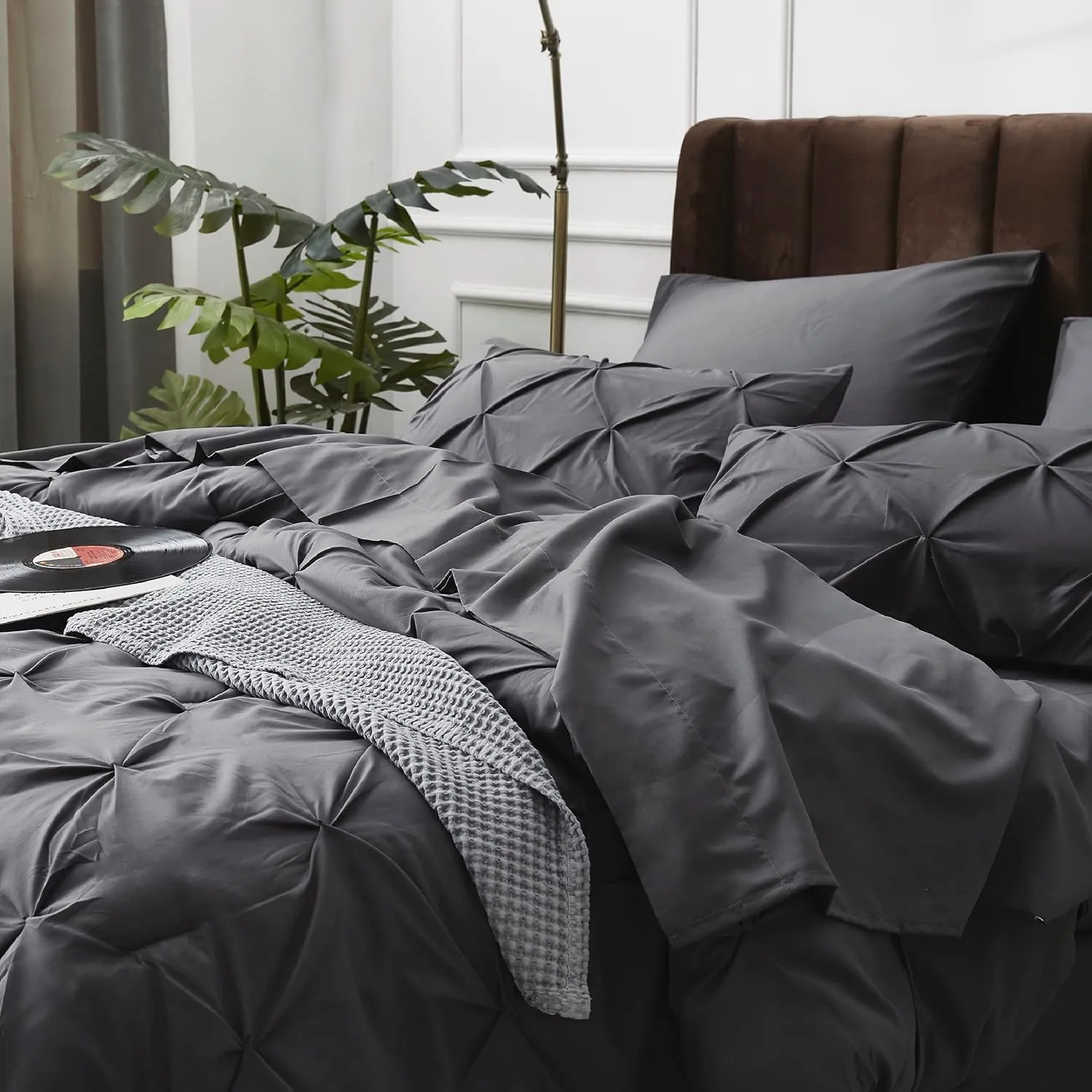 Bedsure King Size Comforter Set Dark Grey - Bed in a Bag King Size 7 Pieces, GentleSoft™ Pintuck Bed Set Gift for Family, Pinch Pleat Dark Grey Comforter with Sheets, Pillowcases & Shams
