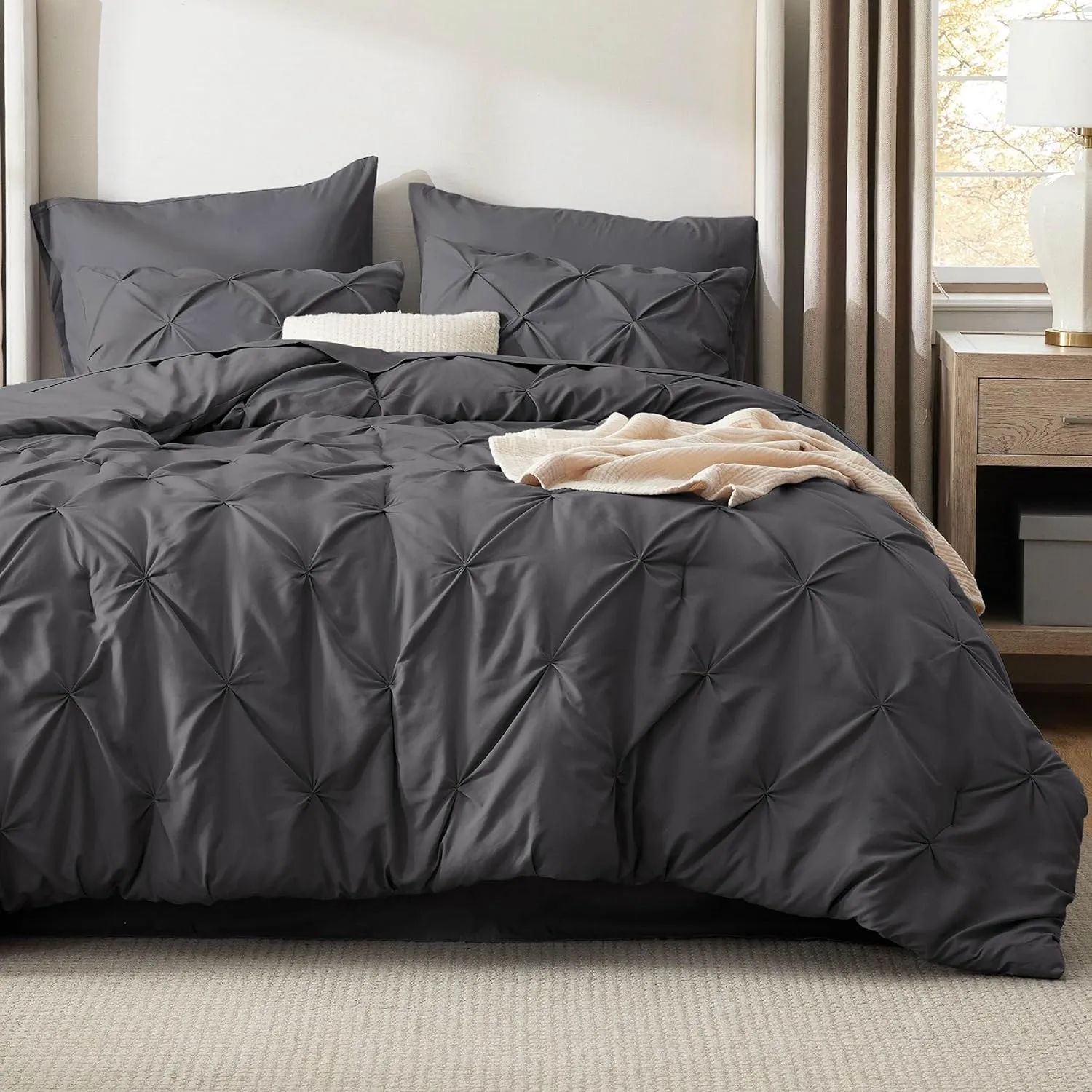 Bedsure King Size Comforter Set Dark Grey - Bed in a Bag King Size 7 Pieces, GentleSoft™ Pintuck Bed Set Gift for Family, Pinch Pleat Dark Grey Comforter with Sheets, Pillowcases & Shams