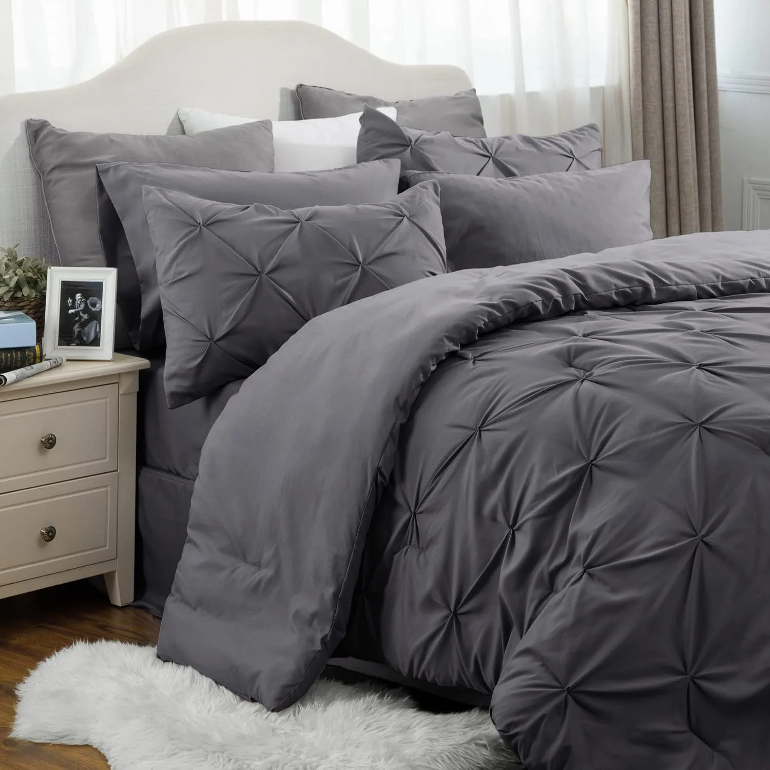 Bedsure King Size Comforter Set Dark Grey - Bed in a Bag King Size 7 Pieces, GentleSoft™ Pintuck Bed Set Gift for Family, Pinch Pleat Dark Grey Comforter with Sheets, Pillowcases & Shams